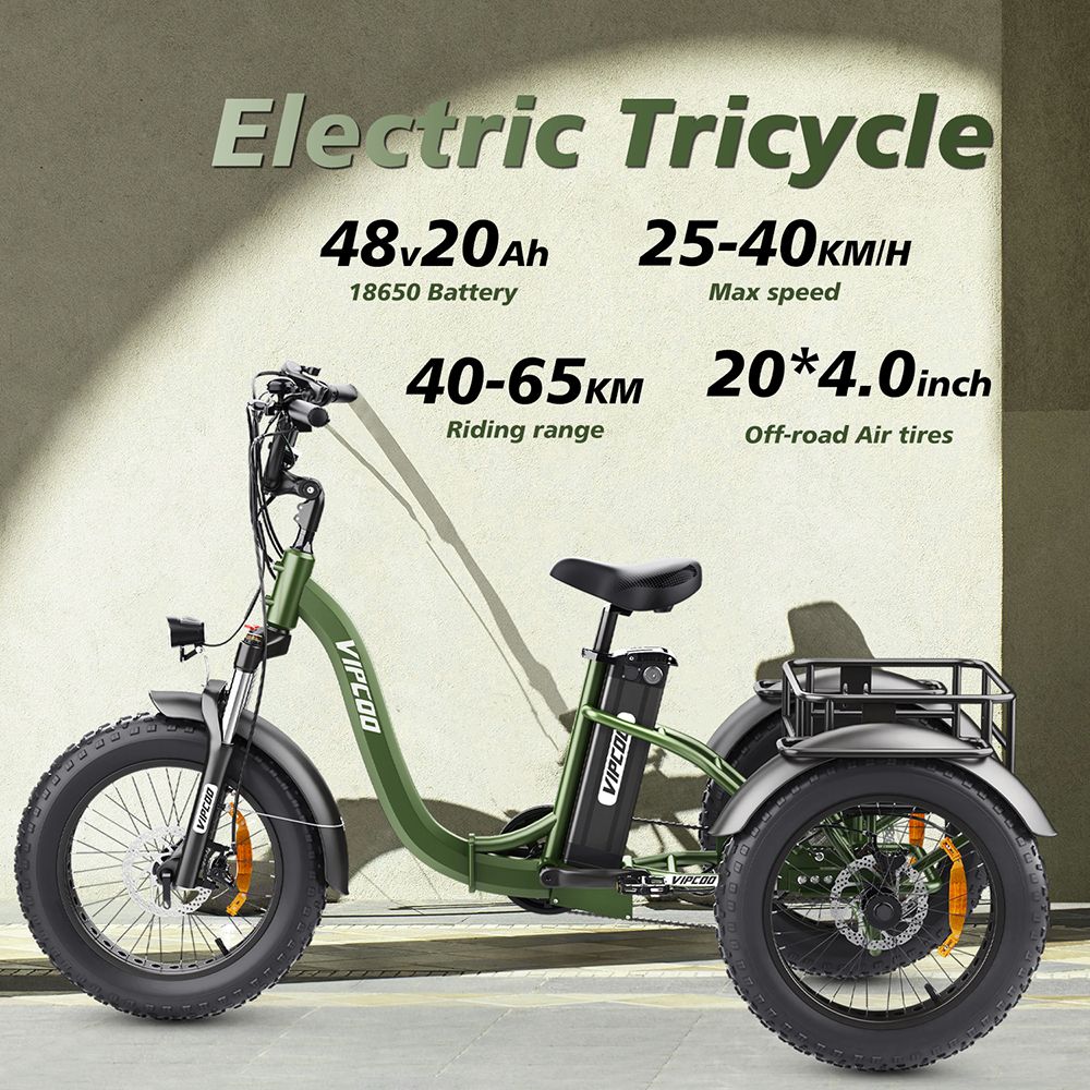 Vipcoo VC-ET1 Electric Tricycle, 750W Motor, 48V 20Ah Battery, 20*4.0 inch Tires, 40km/h Max Speed, 65km Range, Mechanical Disc Brakes, Front Fork Suspension, 7-speed Transmission, LCD Display