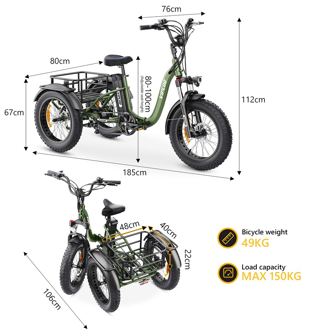 Vipcoo VC-ET1 Electric Tricycle, 750W Motor, 48V 20Ah Battery, 20*4.0 inch Tires, 40km/h Max Speed, 65km Range, Mechanical Disc Brakes, Front Fork Suspension, 7-speed Transmission, LCD Display