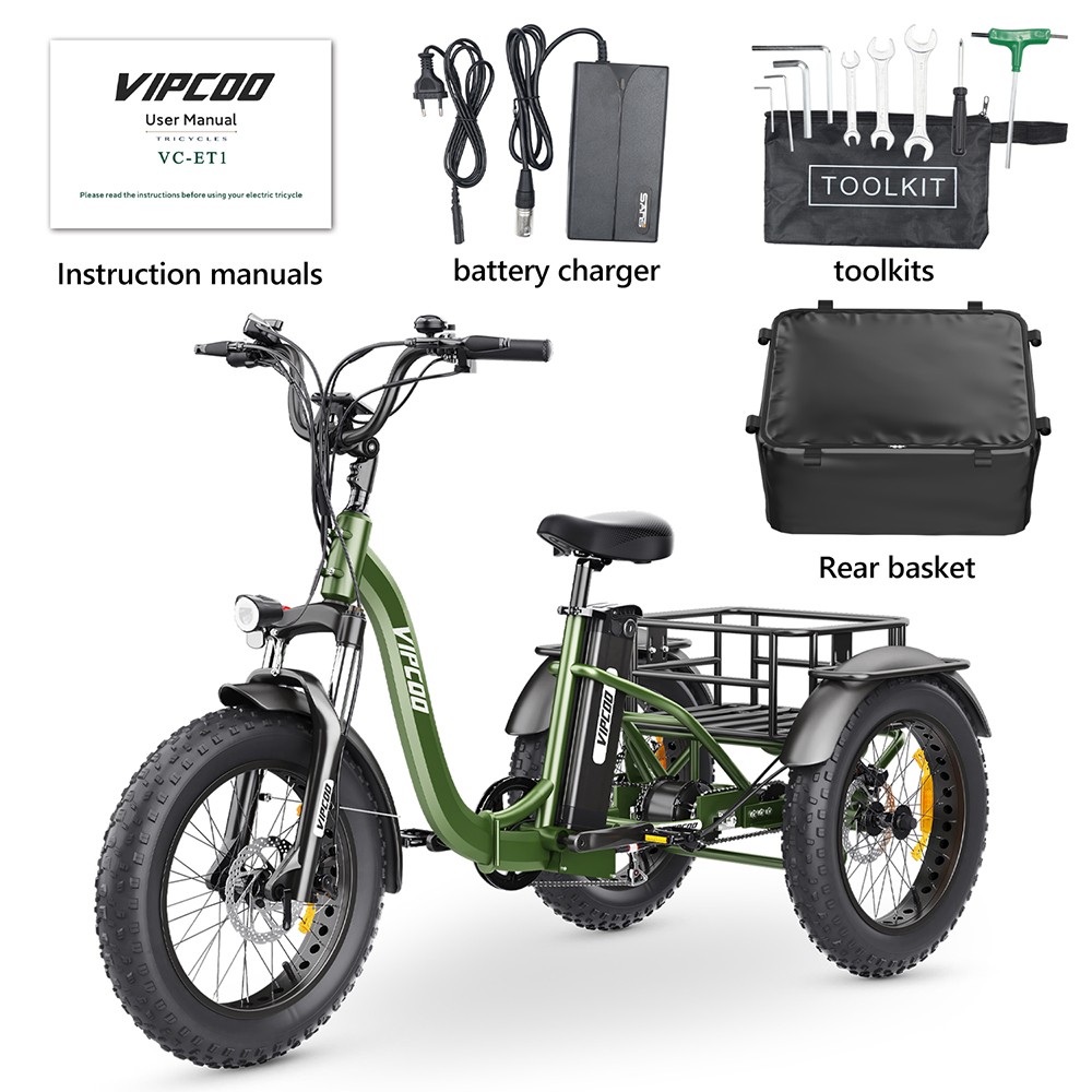 Vipcoo VC-ET1 Electric Tricycle, 750W Motor, 48V 20Ah Battery, 20*4.0 inch Tires, 40km/h Max Speed, 65km Range, Mechanical Disc Brakes, Front Fork Suspension, 7-speed Transmission, LCD Display