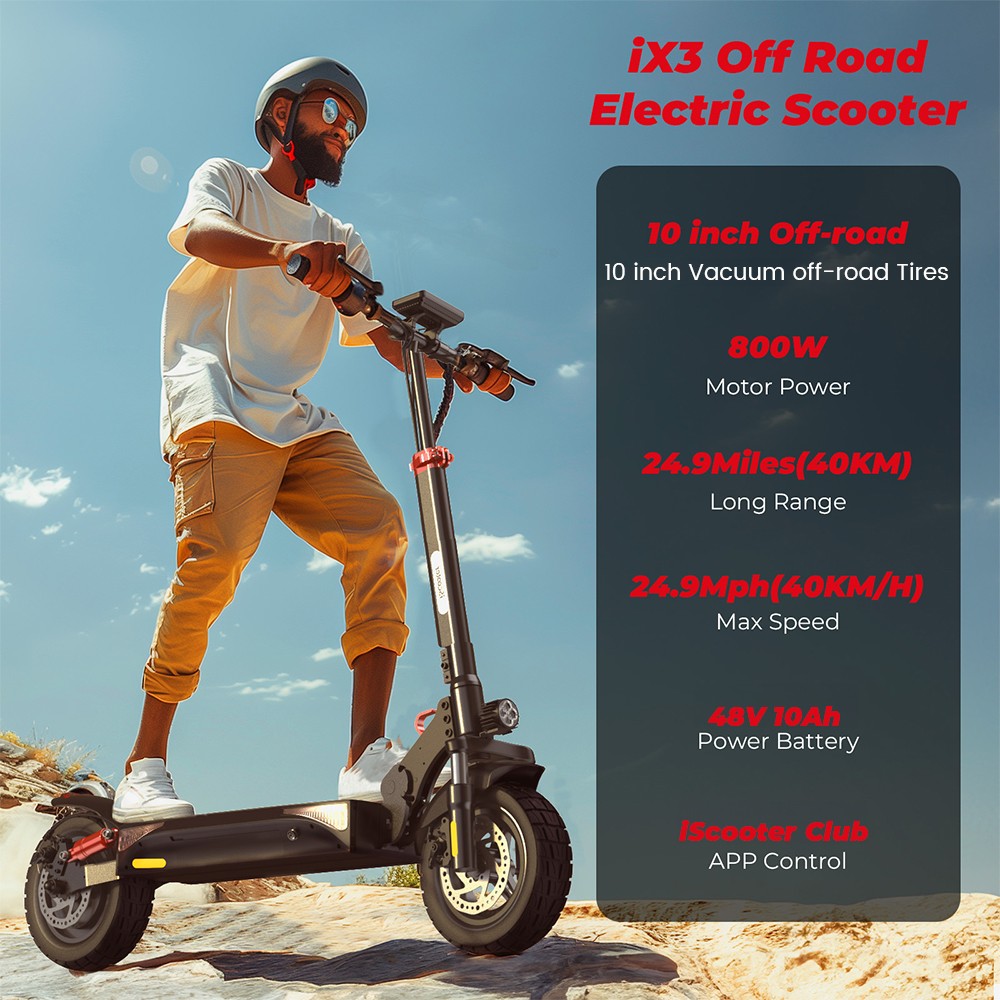 iScooter iX3 Folding Electric Scooter, 10" Pneumatic Tires, 800W Motor, 10Ah Battery, 40km/h Max Speed, 40km Max Range, Adjustable Handlebar Height, App Control - Black