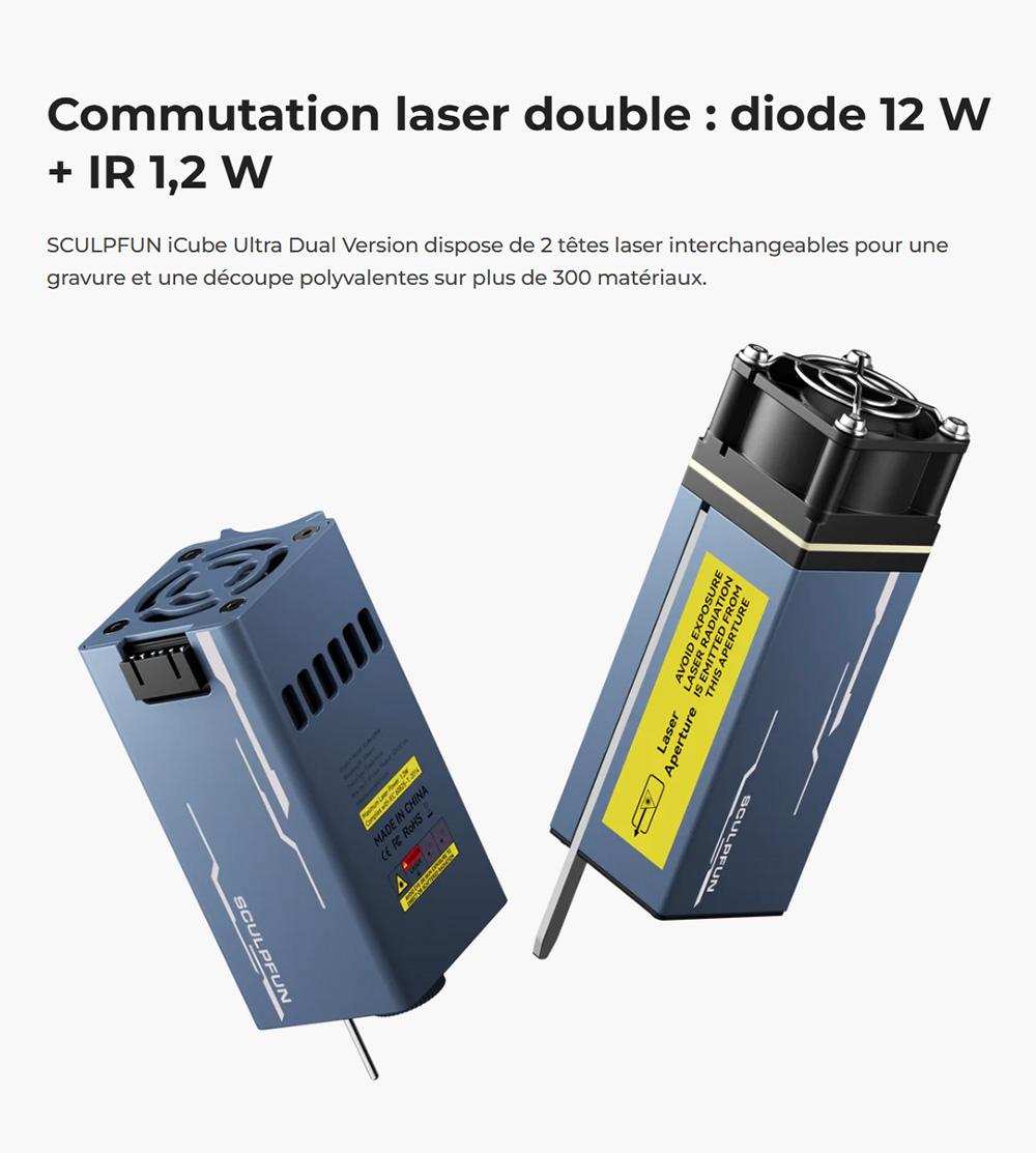 SCULPFUN iCube Ultra Dual 12W + 1.2W Graveur Laser Précis – Spot 0.08/0.03 mm, Filtre à Fumée et Éclairage LED à 4 Modes, Zone de Travail 150x135mm
