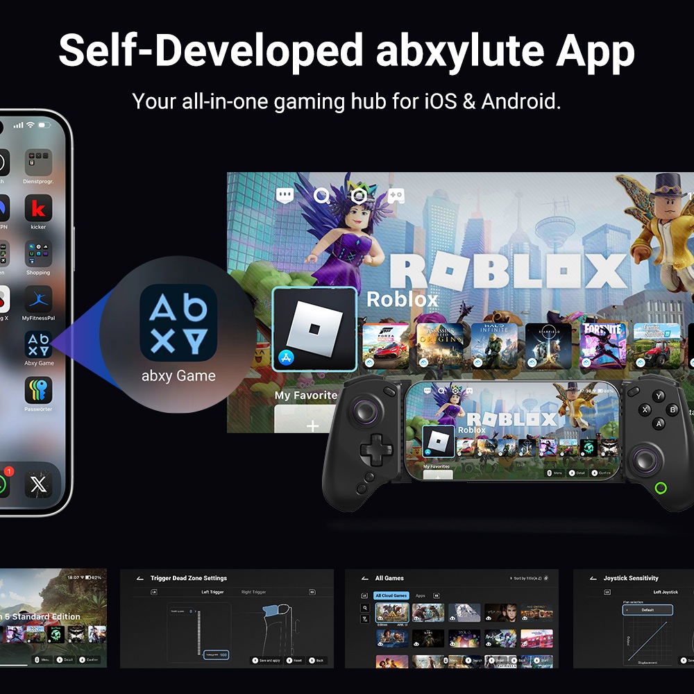 abxylute S8 Wireless Mobile Game Controller, Compatible with iPhone 17 Series, Android, Tablets, Switch 1/2, Extending up to 216mm, Hall Effect Joysticks, Hall Effect Linear Triggers, Customizable Back Buttons