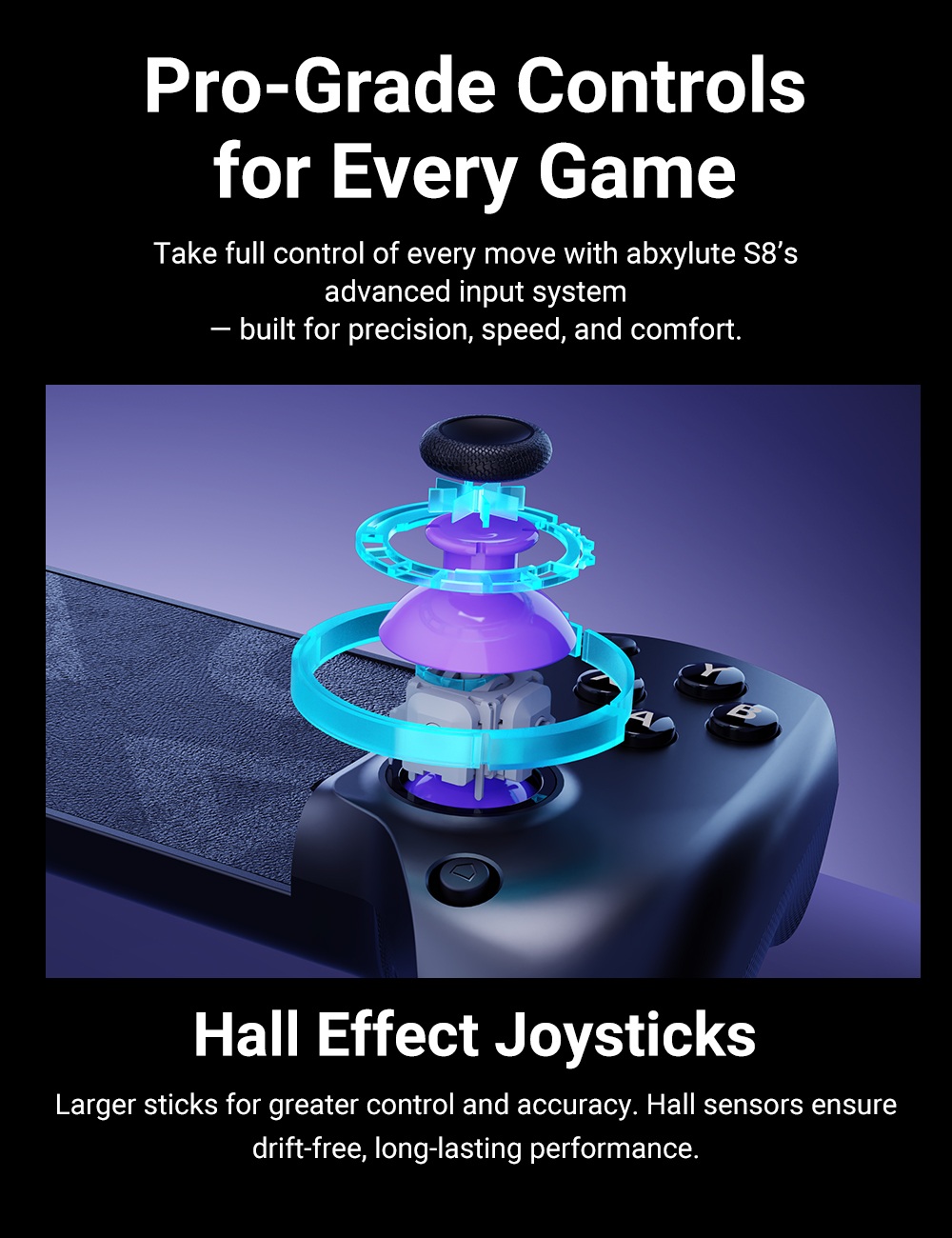 abxylute S8 Wireless Mobile Game Controller, Compatible with iPhone 17 Series, Android, Tablets, Switch 1/2, Extending up to 216mm, Hall Effect Joysticks, Hall Effect Linear Triggers, Customizable Back Buttons