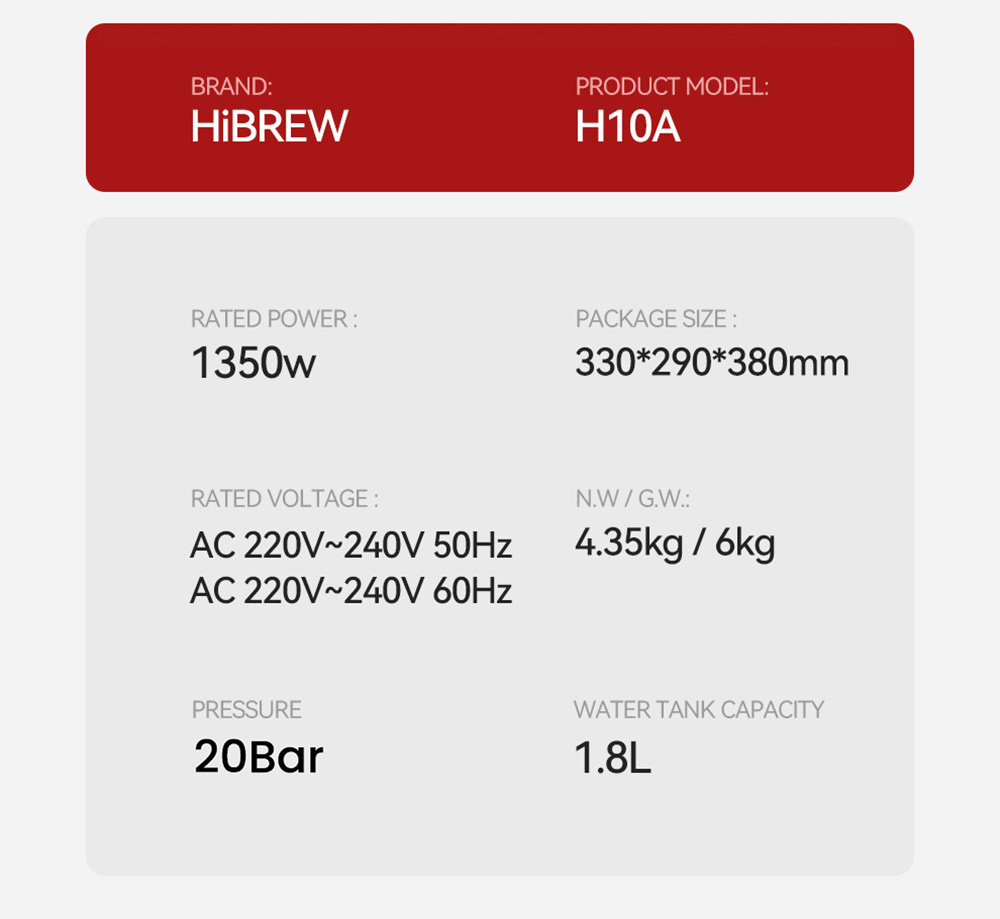 HiBREW H10A Coffee Machine, Adjustable Temperature & Cup Volume, 20Bar, 58mm Portafilter, 1.8L Removable Water Tank, Beige