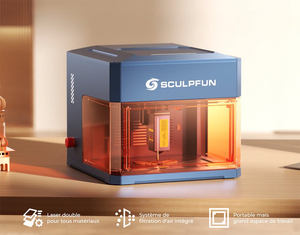 SCULPFUN iCube Ultra 12W Graveur Laser – Design Fermé Classe 1, Auto-Focus et Filtre à Fumée Intégré (150×150 mm)