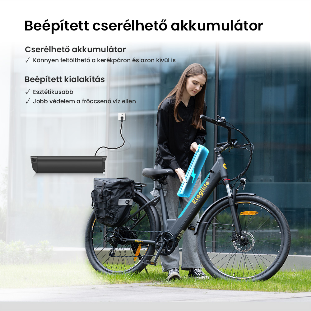 Eglide T2 elektromos kerékpár, 250 W-os motor, 36 V-os 13 Ah-s akkumulátor, 27,5 x 2,1 hüvelykes gumiabroncs, 25 km/h maximális sebesség, 100 km-es hatótávolság, hidraulikus tárcsafékek, zárható teleszkópvilla, Shimano 7 sebességes váltó, LCD kijelző, alkalmazásvezérlés