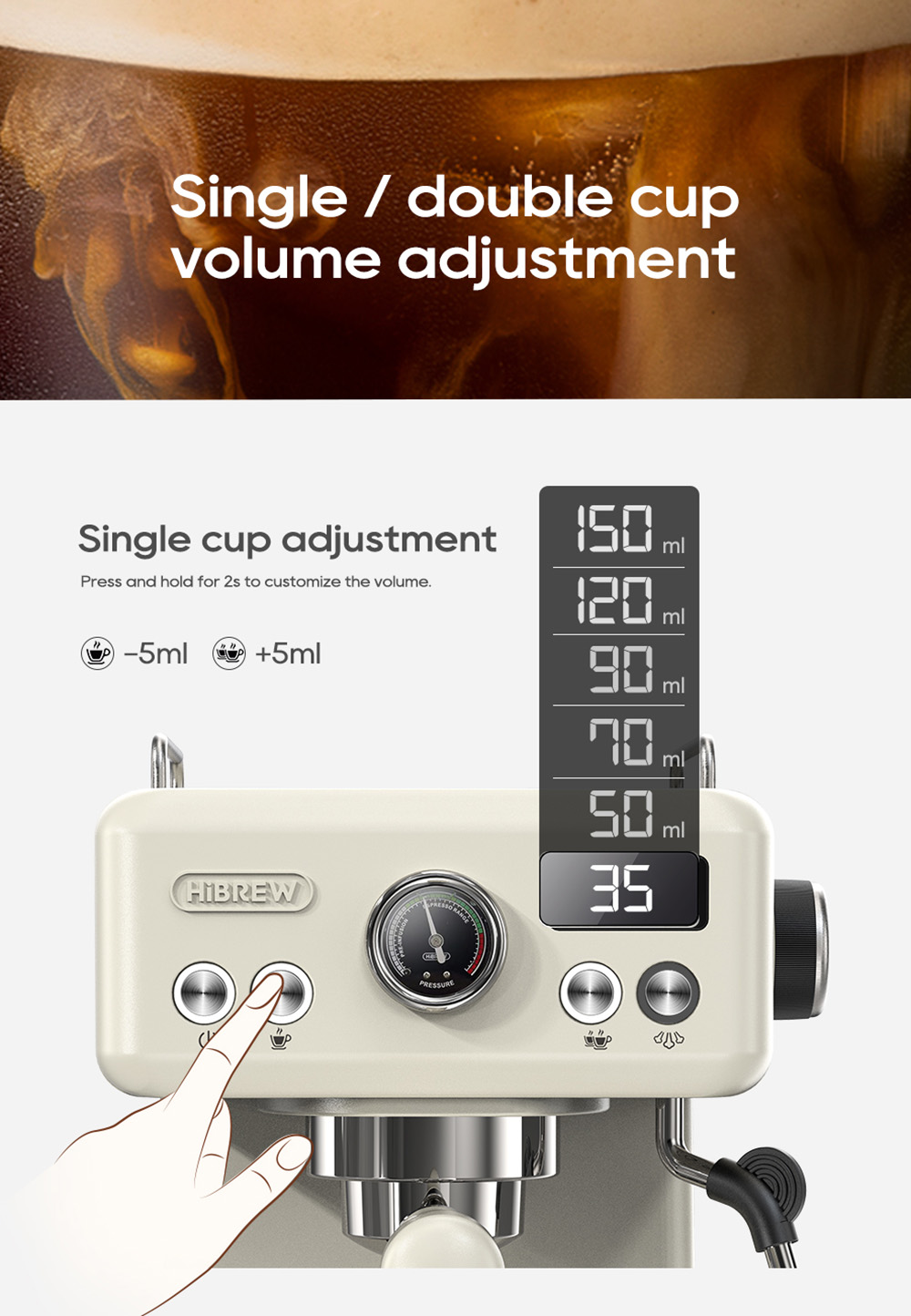 HiBREW H10A Coffee Machine, Adjustable Temperature & Cup Volume, 20Bar, 58mm Portafilter, 1.8L Removable Water Tank, Beige