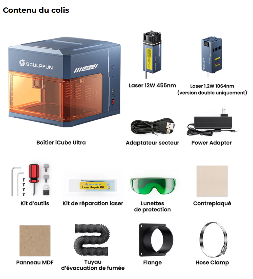 SCULPFUN iCube Ultra Dual 12W + 1.2W Graveur Laser Précis – Spot 0.08/0.03 mm, Filtre à Fumée et Éclairage LED à 4 Modes, Zone de Travail 150x135mm