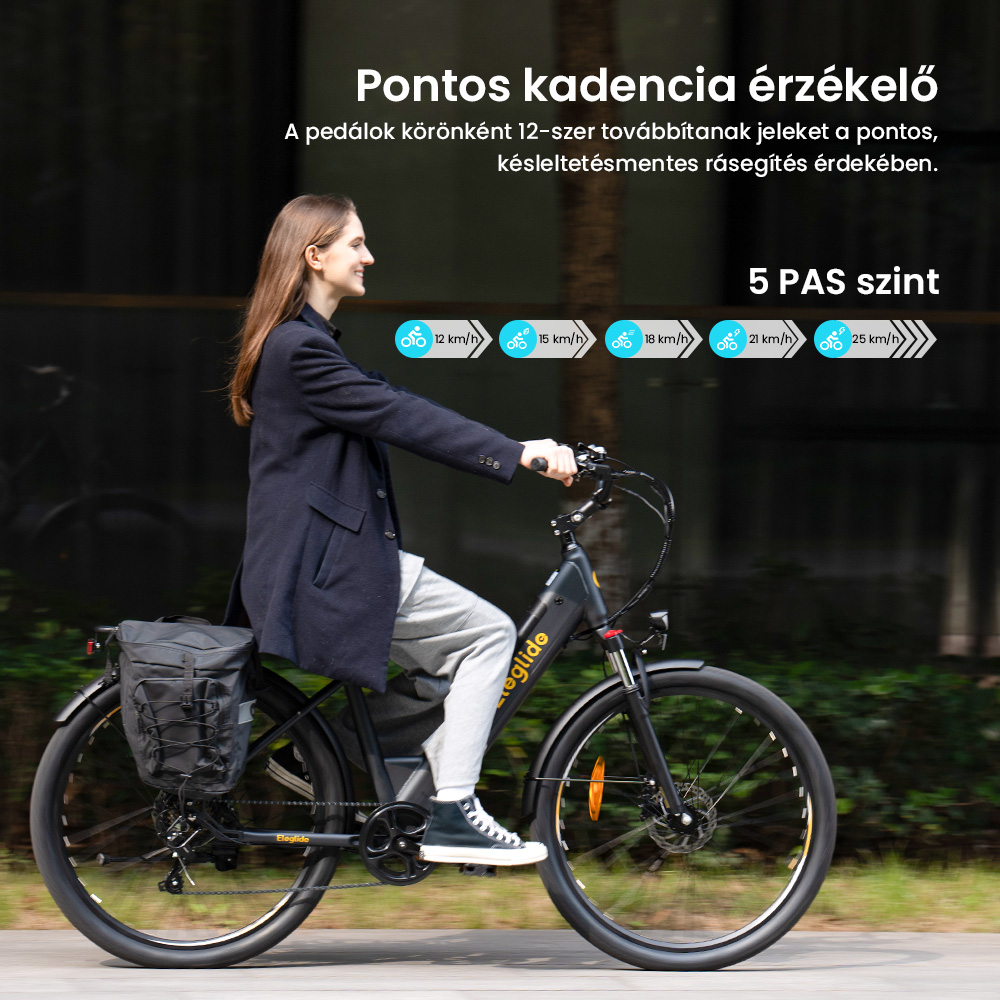 Eglide T2 elektromos kerékpár, 250 W-os motor, 36 V-os 13 Ah-s akkumulátor, 27,5 x 2,1 hüvelykes gumiabroncs, 25 km/h maximális sebesség, 100 km-es hatótávolság, hidraulikus tárcsafékek, zárható teleszkópvilla, Shimano 7 sebességes váltó, LCD kijelző, alkalmazásvezérlés