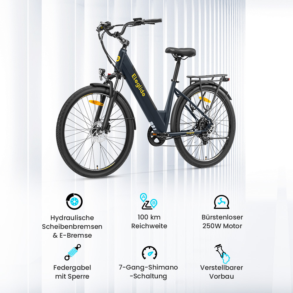 Eleglide T2 Elektrofahrrad, 250-W-Motor, 36-V-13-Ah-Akku, 27,5 x 2,1 Zoll Reifen, 25 km/h Höchstgeschwindigkeit, 100 km maximale Reichweite, hydraulische Scheibenbremsen, Federgabel mit Verriegelung, Shimano 7-Gang, LCD-Display, App-Steuerung