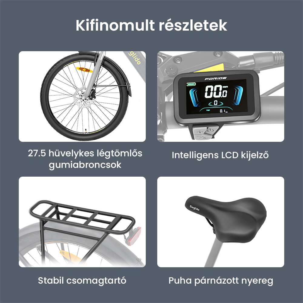 Eglide T2 elektromos kerékpár, 250 W-os motor, 36 V-os 13 Ah-s akkumulátor, 27,5 x 2,1 hüvelykes gumiabroncs, 25 km/h maximális sebesség, 100 km-es hatótávolság, hidraulikus tárcsafékek, zárható teleszkópvilla, Shimano 7 sebességes váltó, LCD kijelző, alkalmazásvezérlés