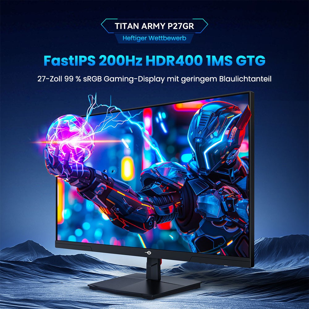 TITAN ARMY P27GR Gaming-Monitor, 27 Zoll 2560 x 1440 Fast-IPS-Bildschirm, 180 Hz Bildwiederholrate, 1 ms GTG, 99 % sRGB, HDR10, Adaptive-Sync, Gaming-Modus, dynamische OD, PBP- und PIP-Anzeige, schwaches blaues Licht, einstellbare Neigung, VESA-Wandmontage