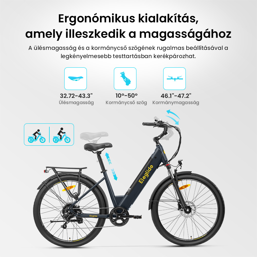 Eglide T2 elektromos kerékpár, 250 W-os motor, 36 V-os 13 Ah-s akkumulátor, 27,5 x 2,1 hüvelykes gumiabroncs, 25 km/h maximális sebesség, 100 km-es hatótávolság, hidraulikus tárcsafékek, zárható teleszkópvilla, Shimano 7 sebességes váltó, LCD kijelző, alkalmazásvezérlés