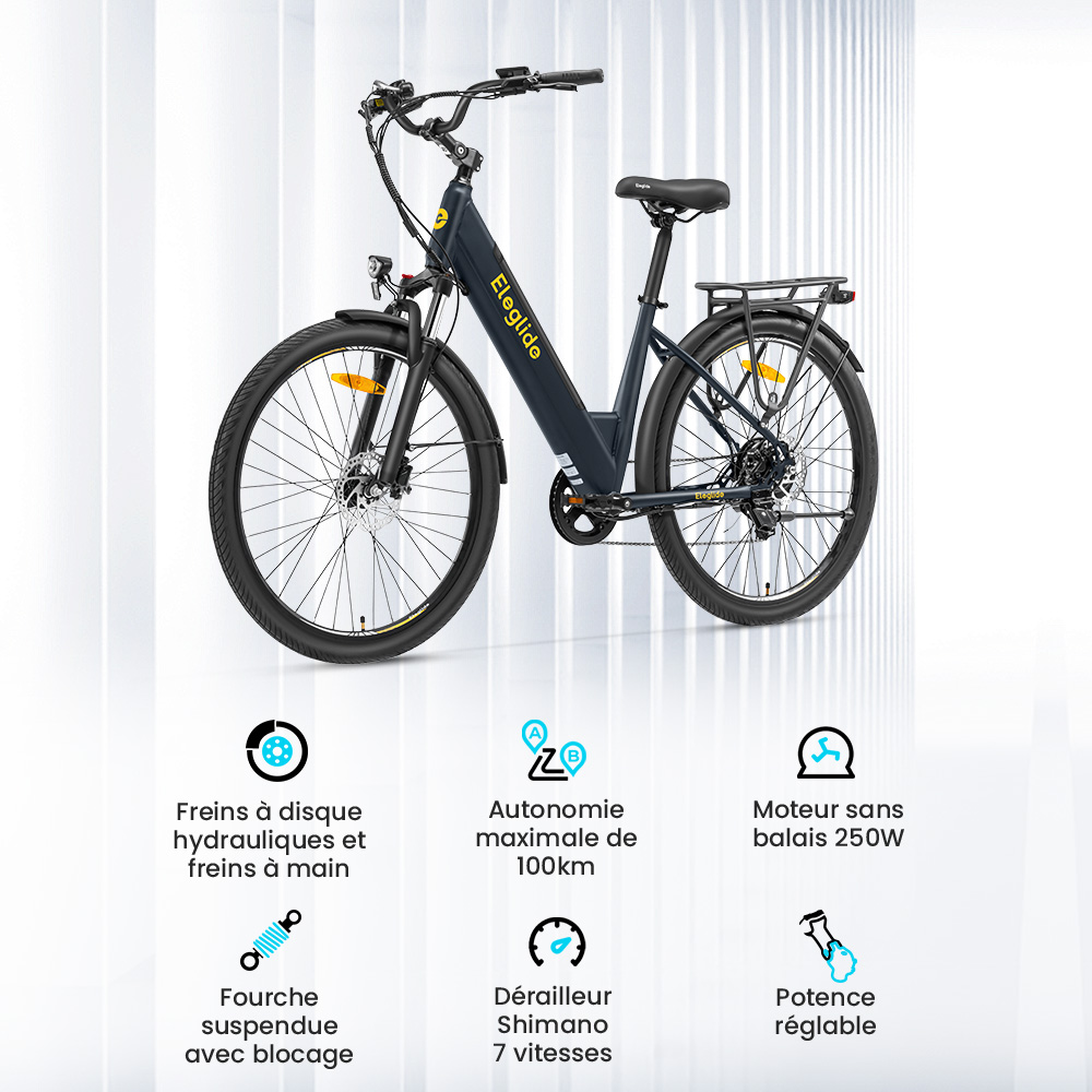 Vélo électrique Eleglide T2, moteur 250 W, batterie 36 V 13 Ah, pneus 27,5 x 2,1 pouces, vitesse maximale 25 km/h, autonomie maximale 100 km, freins à disque hydrauliques, fourche à suspension avec blocage, Shimano 7 vitesses, écran LCD, contrôle par application