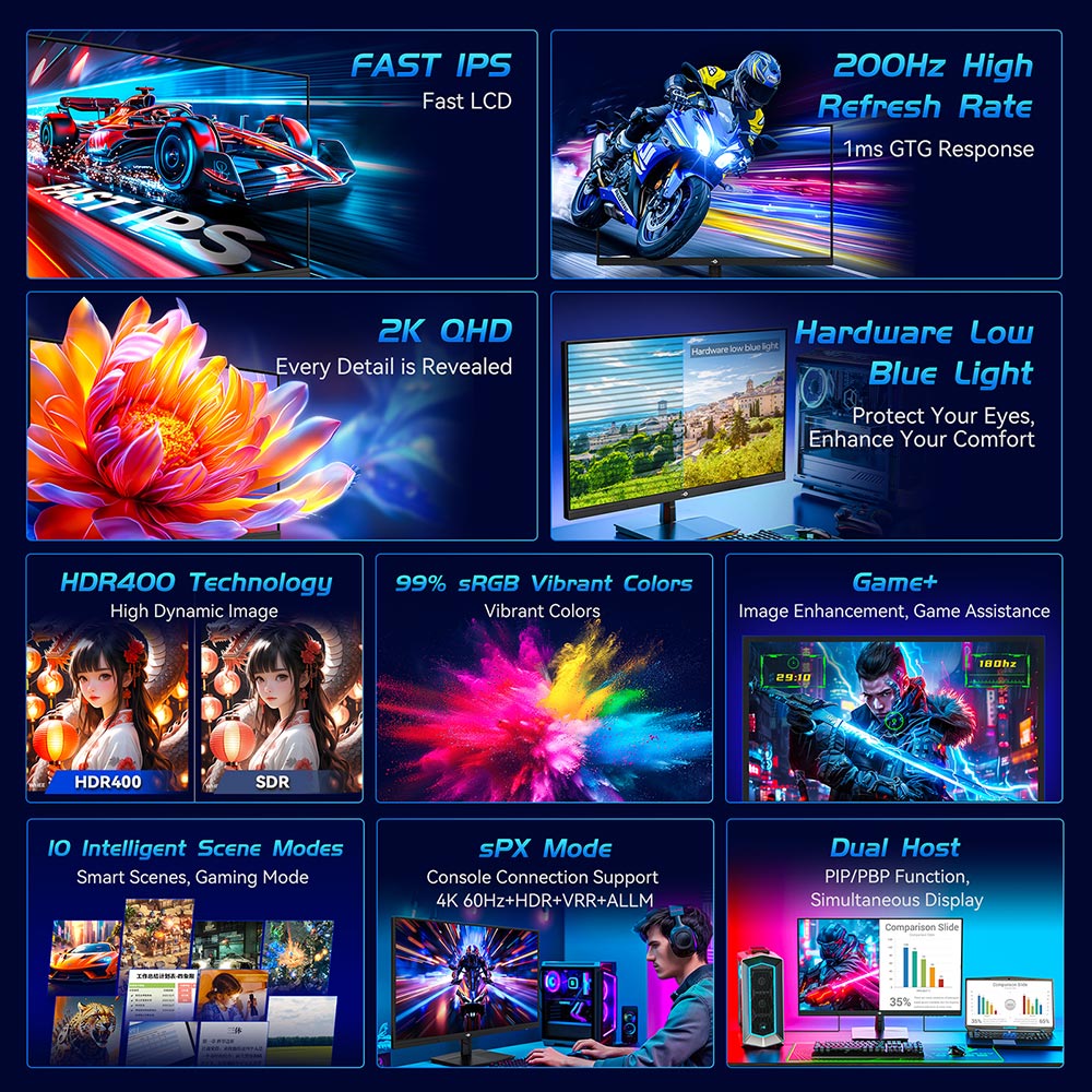 TITAN ARMY P27GR gamer monitor, 27 hüvelykes 2560*1440 képarányú, gyors IPS képernyő, 200 Hz-es frissítési gyakoriság, 1 ms GTG, 99% sRGB, HDR400, Adaptív szinkronizálás, Játék mód, Alacsony kékfény-kibocsátás, Állítható dőlésszög, VESA fali konzol