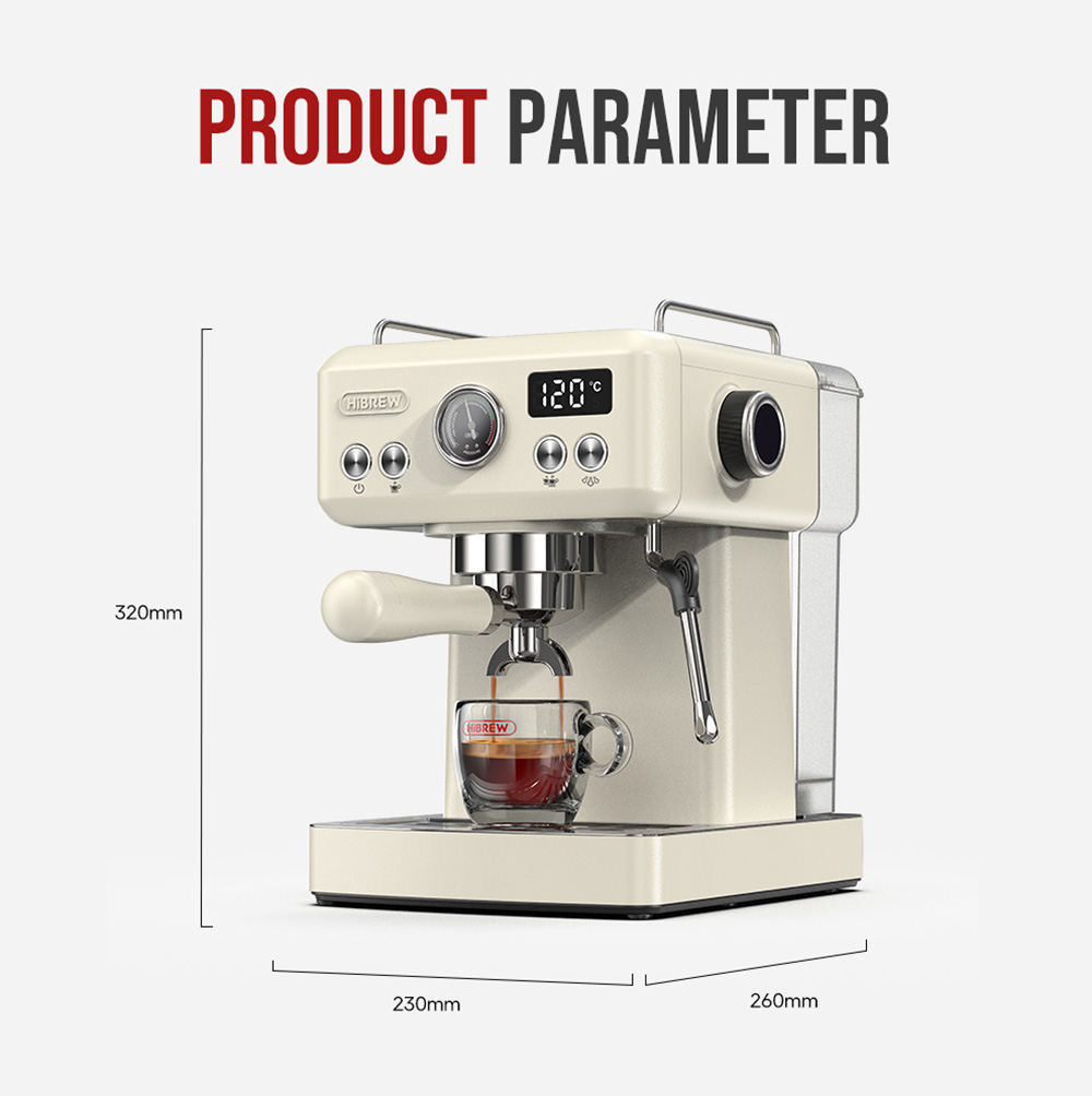 HiBREW H10A Kávéfőző, 20 Bar Extrakciós Nyomás, Állítható Hőmérséklet és Csésze Térfogat, 58 mm-es Portafilter, 1,8L Kivehető Víztartály, Bézs