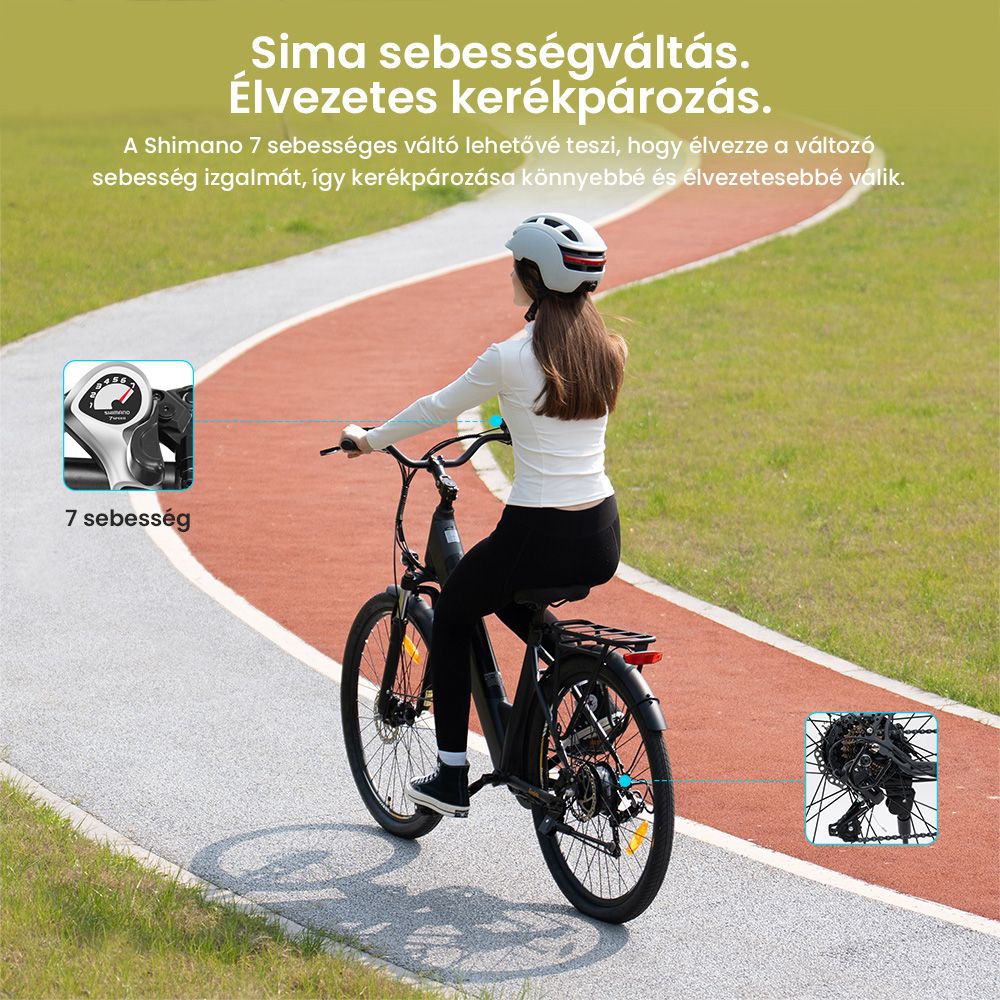 Eglide T2 elektromos kerékpár, 250 W-os motor, 36 V-os 13 Ah-s akkumulátor, 27,5 x 2,1 hüvelykes gumiabroncs, 25 km/h maximális sebesség, 100 km-es hatótávolság, hidraulikus tárcsafékek, zárható teleszkópvilla, Shimano 7 sebességes váltó, LCD kijelző, alkalmazásvezérlés