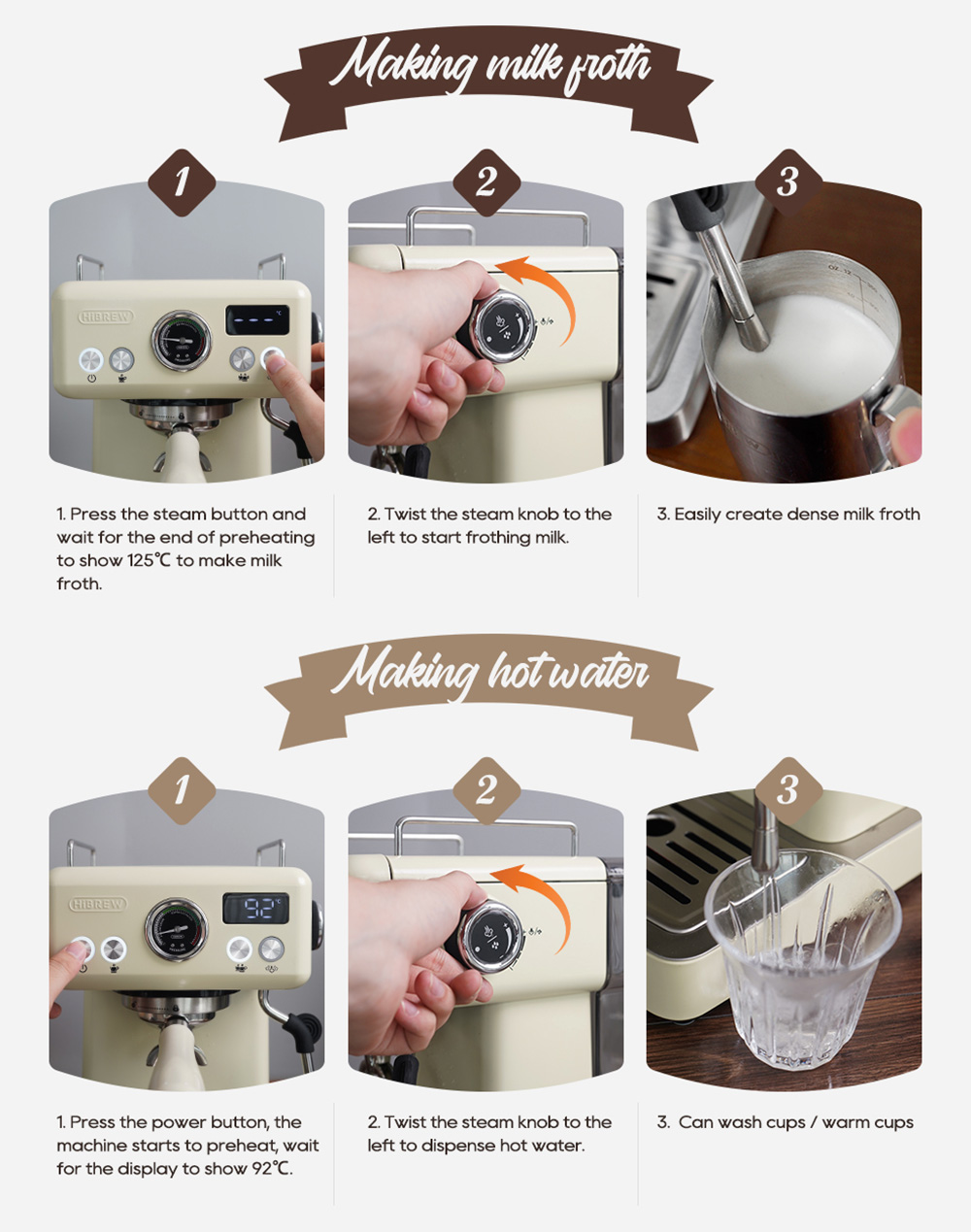 HiBREW H10A Kaffeemaschine, 20 Bar Extraktionsdruck, einstellbare Temperatur und Tassenvolumen, 58 mm Siebträger, 1,8 l abnehmbarer Wassertank - Beige