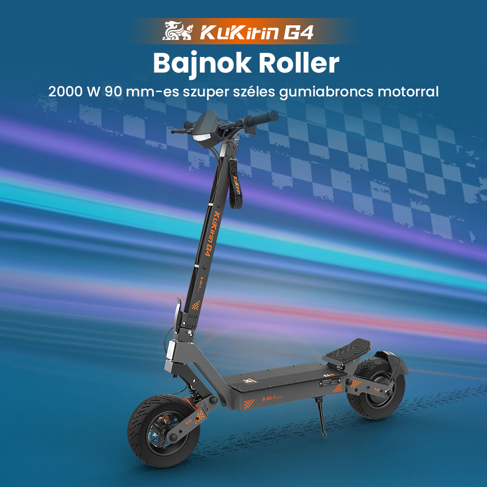 KuKirin G4 Elektromos Roller, 2*1000W-os Motor, 60V 20Ah Akkumulátor, 11 colos Gumiabroncsok, 70km/h Max. Sebesség, 75km Hatótávolság, Első és Hátsó Tárcsafékek, Négykaros Lengéscsillapító