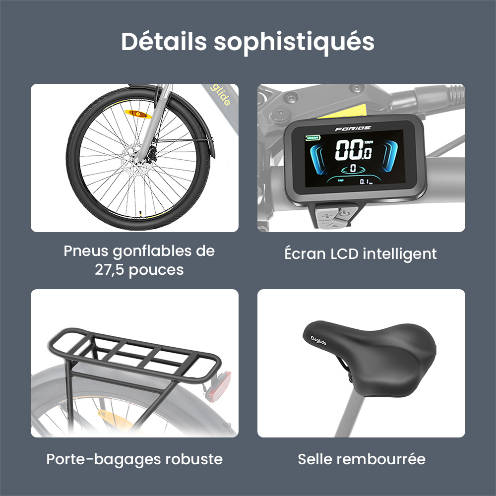 Vélo électrique Eleglide T2, moteur 250 W, batterie 36 V 13 Ah, pneus 27,5 x 2,1 pouces, vitesse maximale 25 km/h, autonomie maximale 100 km, freins à disque hydrauliques, fourche à suspension avec blocage, Shimano 7 vitesses, écran LCD, contrôle par application