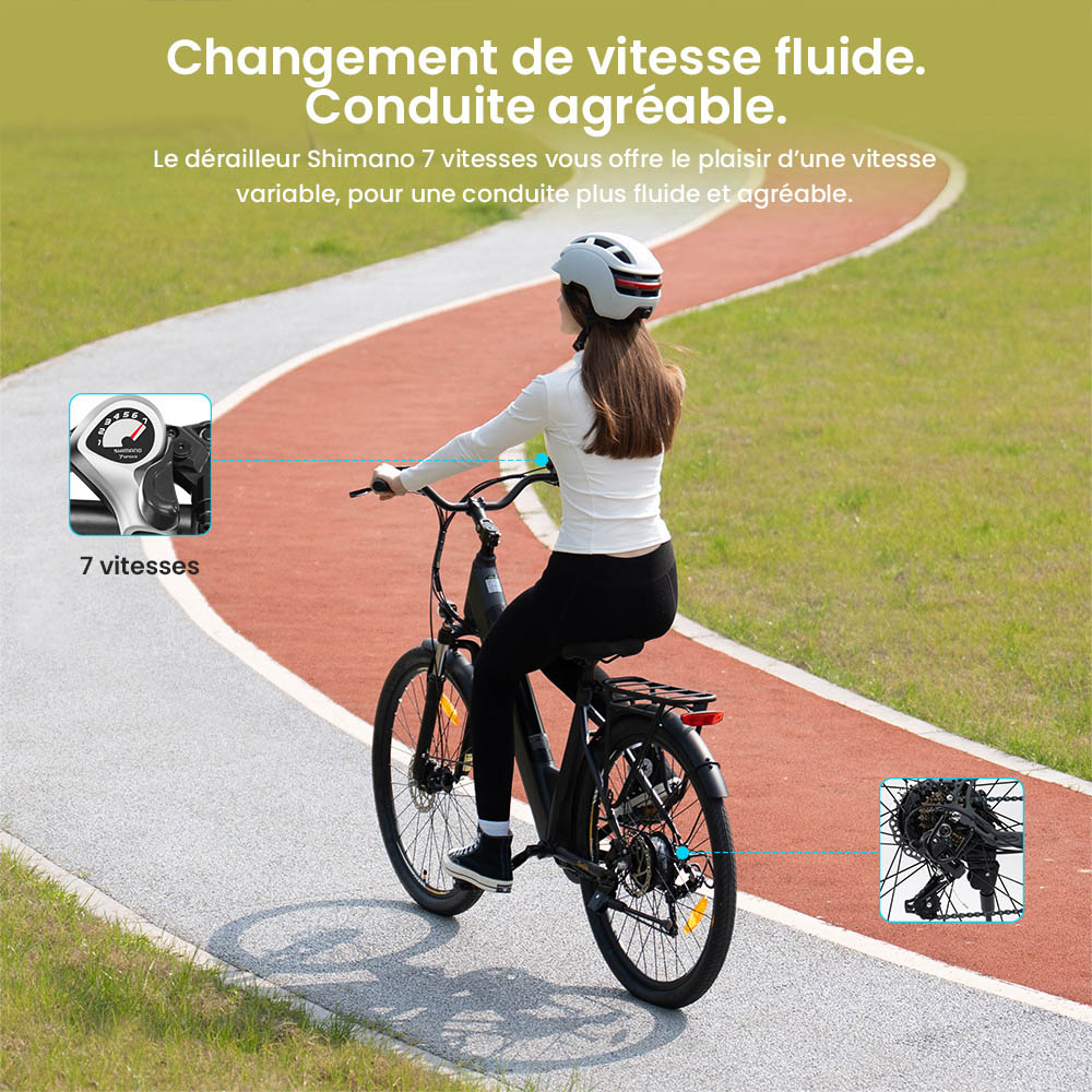 Vélo électrique Eleglide T2, moteur 250 W, batterie 36 V 13 Ah, pneus 27,5 x 2,1 pouces, vitesse maximale 25 km/h, autonomie maximale 100 km, freins à disque hydrauliques, fourche à suspension avec blocage, Shimano 7 vitesses, écran LCD, contrôle par application
