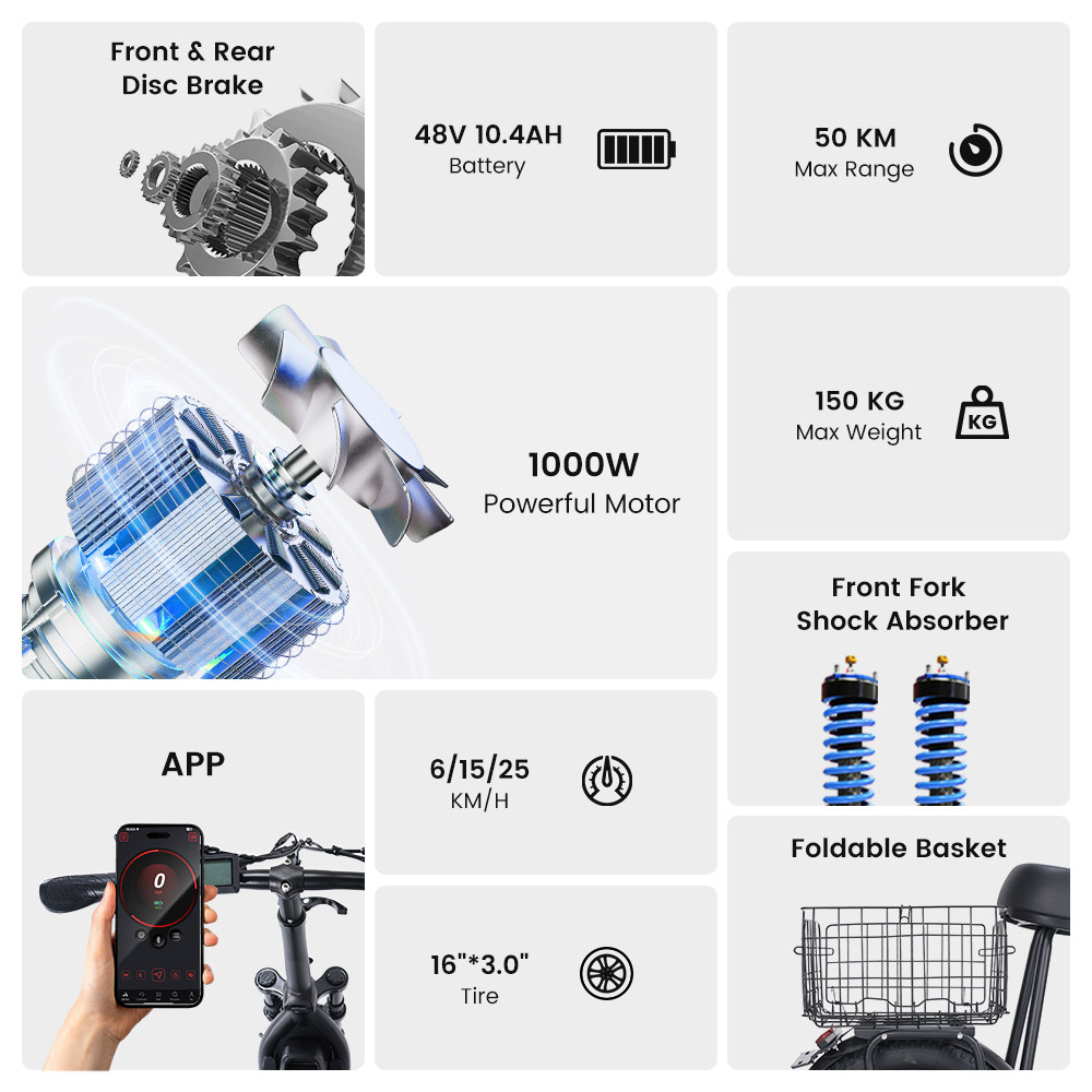 iScooter F7 Elektroroller, 1000-W-Motor, 48-V-10,4-Ah-Akku, 16-Zoll-Reifen, 45 km/h Höchstgeschwindigkeit, 50 km Reichweite, Scheibenbremse vorne und hinten, Stoßdämpfer an der Vordergabel