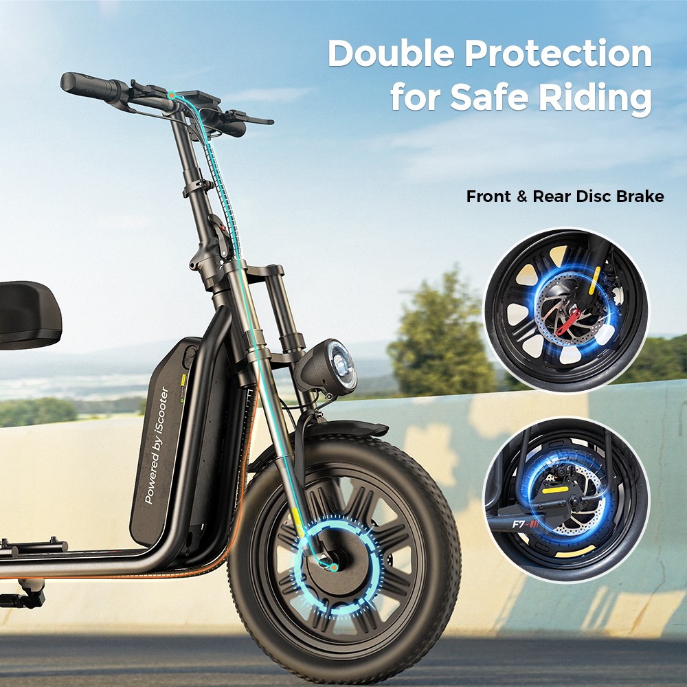 iScooter F7 Elektroroller, 1000-W-Motor, 48-V-10,4-Ah-Akku, 16-Zoll-Reifen, 45 km/h Höchstgeschwindigkeit, 50 km Reichweite, Scheibenbremse vorne und hinten, Stoßdämpfer an der Vordergabel
