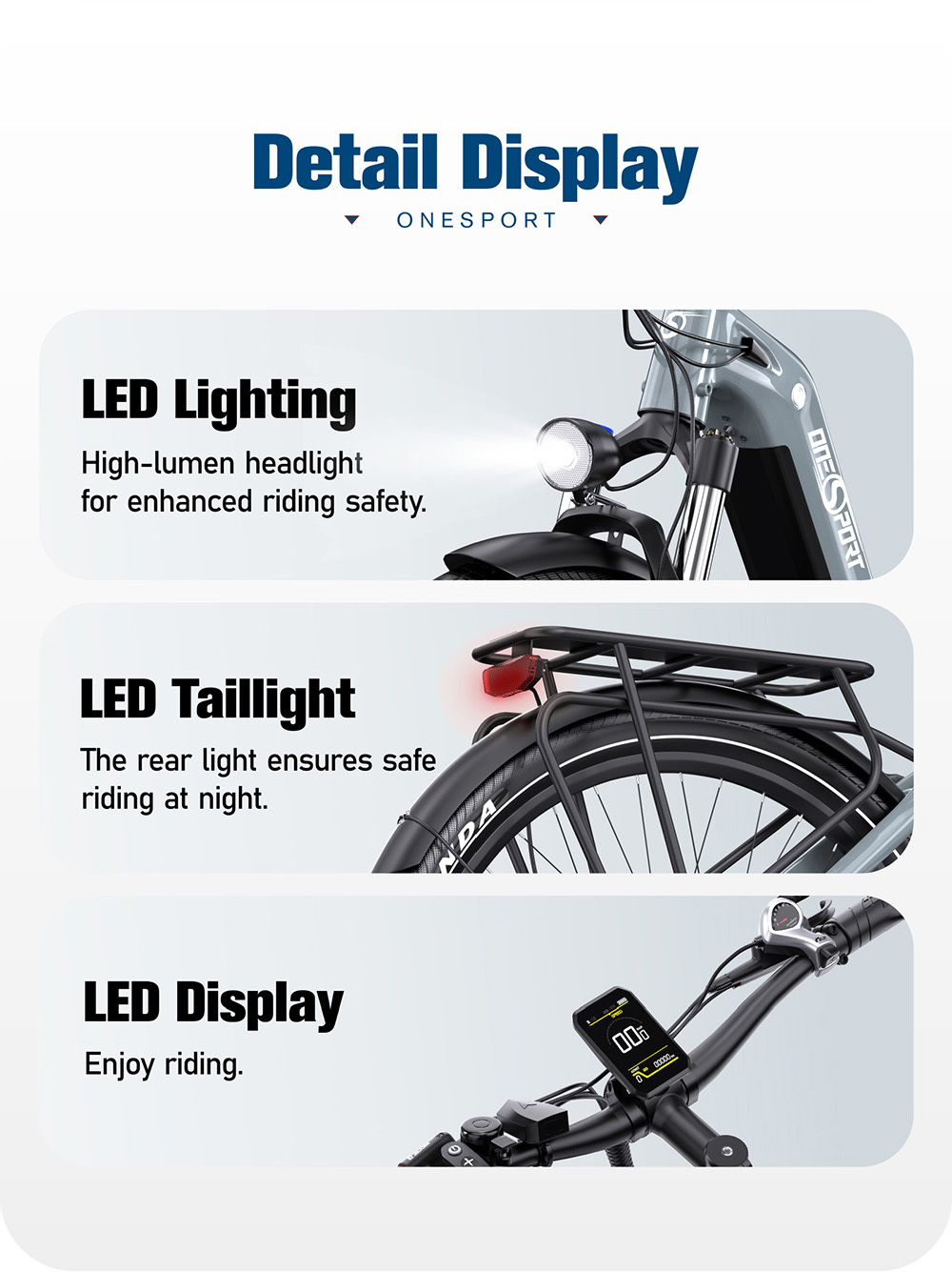 ONESPORT OT05 Electric Bike, 27.5' Aluminum Frame, 250W ANANDA Motor, 36V 18.2Ah Battery, 25km/h Max Speed, 60-120km Range, Oil Disc Brake, Shimano 7 Speed, Torque Sensor, 100kg Max Load - Blue Grey