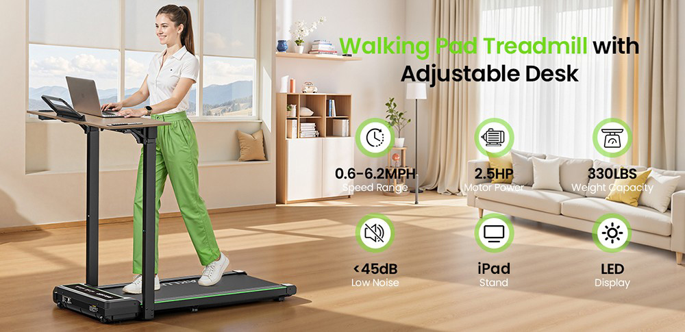 Akluer P3-D Adjustable Height Desk Treadmill, 2.5HP Motor, 0.6–6.2MPH Speed, 150kg Max Load, 105x42cm Running Area, 6-Layer Running Belt & 80×40cm Desktop