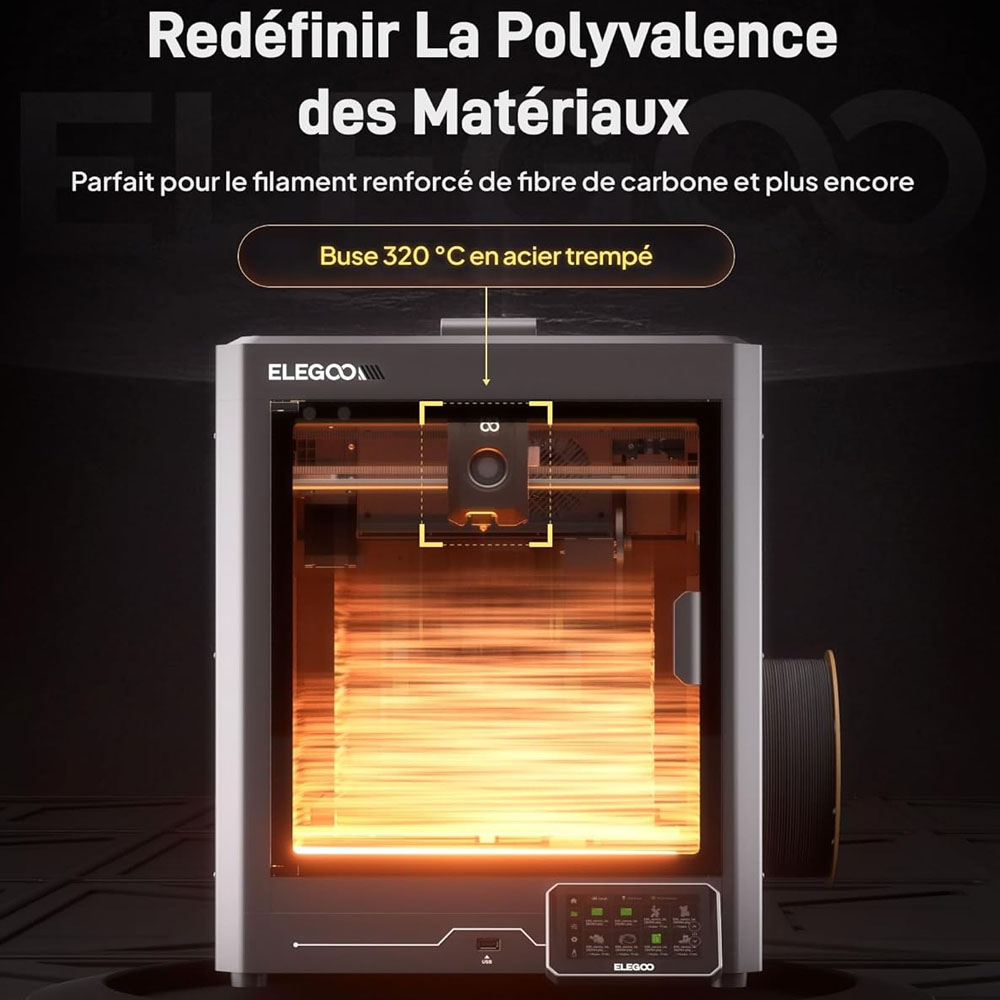 Elegoo Centauri Carbon Imprimante 3D, CoreXY 500mm/s, Busse 320°C, Bande LED, Compatible Carbon/PLA/ABS, 256*256*256mm
