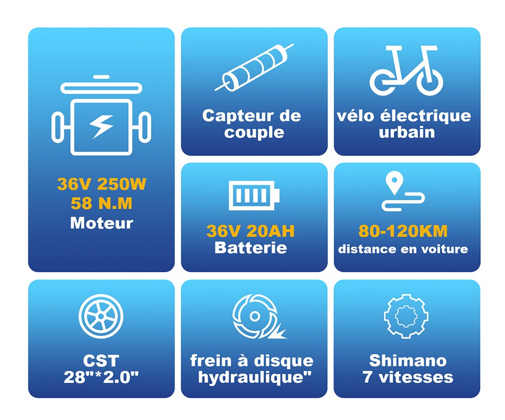 TTGO C3 Pro Vélo électrique, moteur 250W, batterie 36V 20Ah, pneus de 28 pouces, vitesse maximale de 25 km/h, autonomie maximale de 120 km, frein à disque hydraulique, fourche à suspension, capteur de couple, Shimano 7 vitesses, écran LCD - Blanc