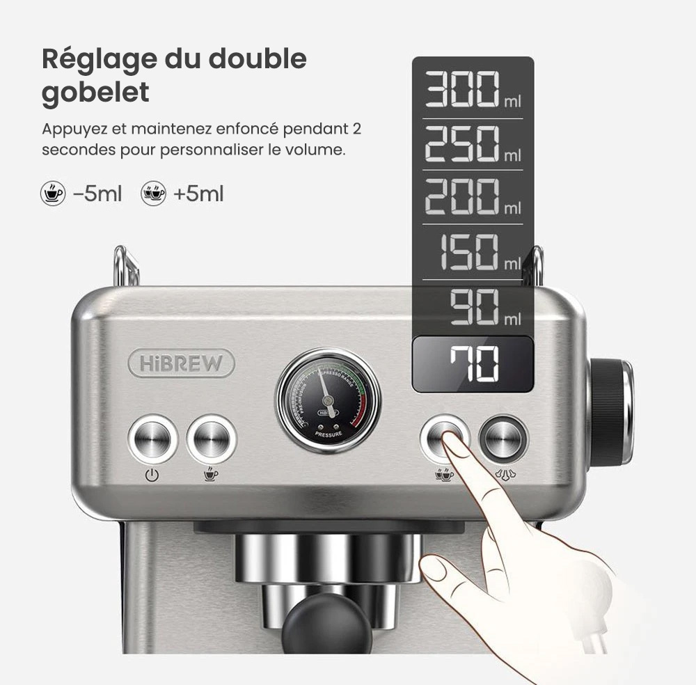 Machine à café expresso semi-automatique HiBREW H10A, pression de 19 bars, mousseur à lait, température réglable, presse à café de 58 mm, pichet de 350 ml, chauffe-tasse, cafetière froide/chaude
