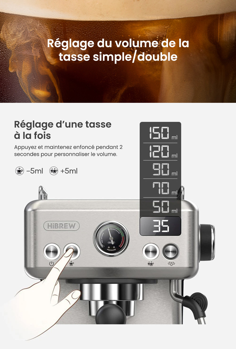 Machine à café expresso semi-automatique HiBREW H10A, pression de 19 bars, mousseur à lait, température réglable, presse à café de 58 mm, pichet de 350 ml, chauffe-tasse, cafetière froide/chaude