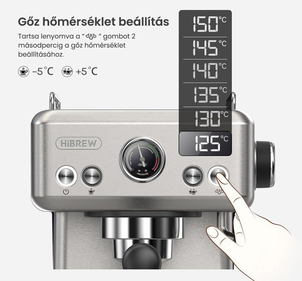 HiBREW H10A félautomata eszpresszó kávéfőző, 19 bar nyomás, tejhabosító, állítható hőmérséklet, 58 mm-es kávéadagoló, 350 ml-es kancsó, csészemelegítő, hideg/forró kávéfőző