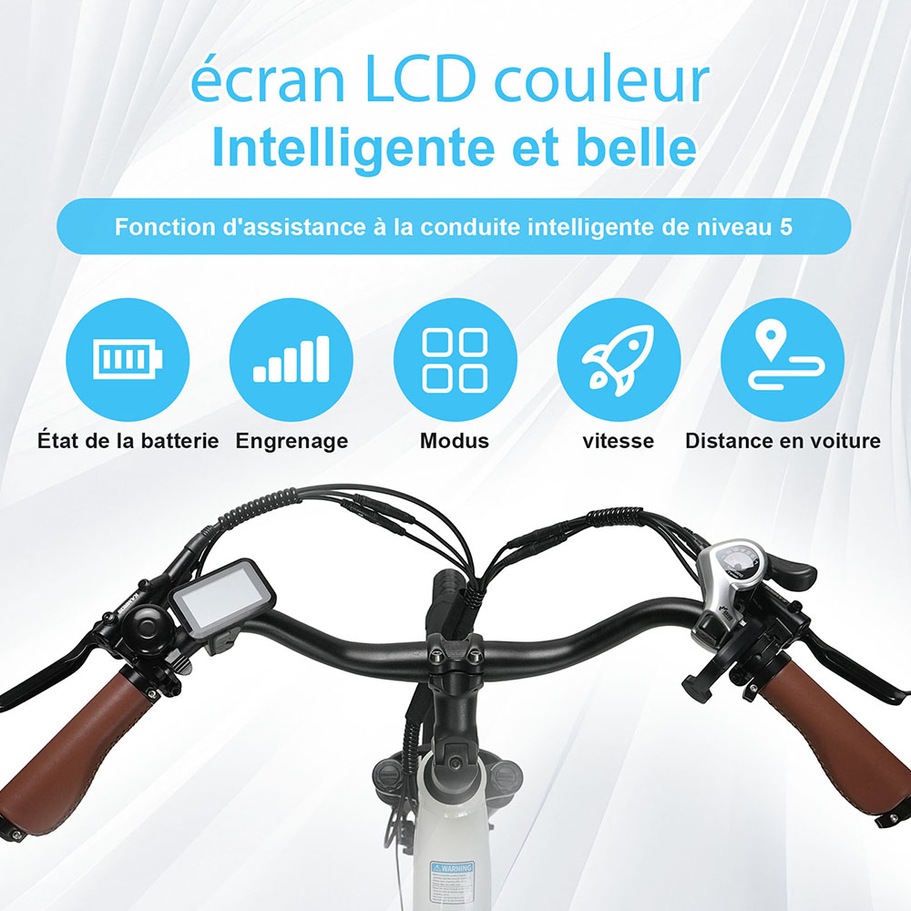 TTGO C3 Pro Vélo électrique, moteur 250W, batterie 36V 20Ah, pneus de 28 pouces, vitesse maximale de 25 km/h, autonomie maximale de 120 km, frein à disque hydraulique, fourche à suspension, capteur de couple, Shimano 7 vitesses, écran LCD - Blanc