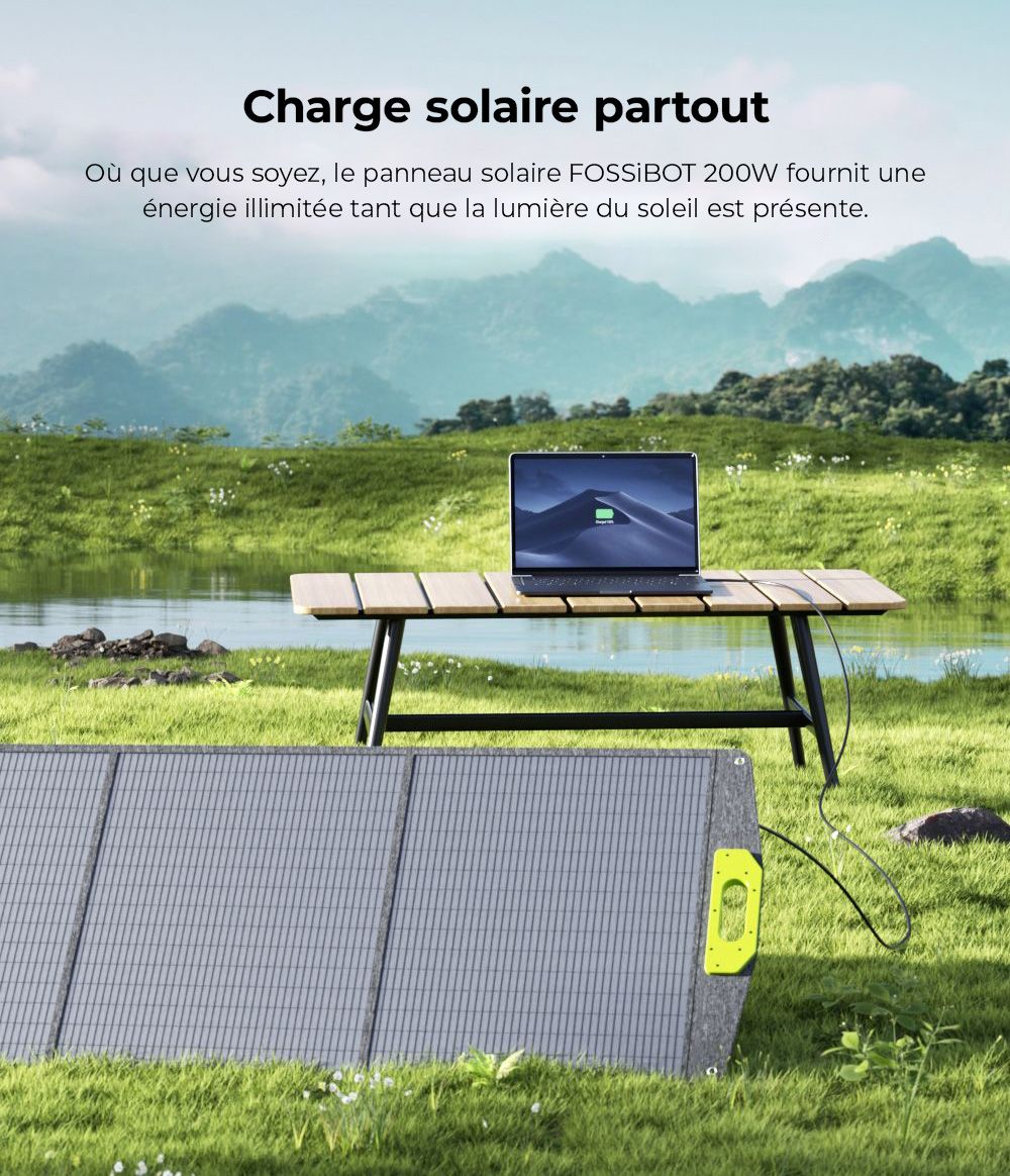 FOSSiBOT SP200 (Nouveau) 200W Panneau solaire pliable, Rendement cellulaire élevé 23,4%, Revêtement ETFE, Supports réglables pour maison, camping-car, camping, panne - Vert