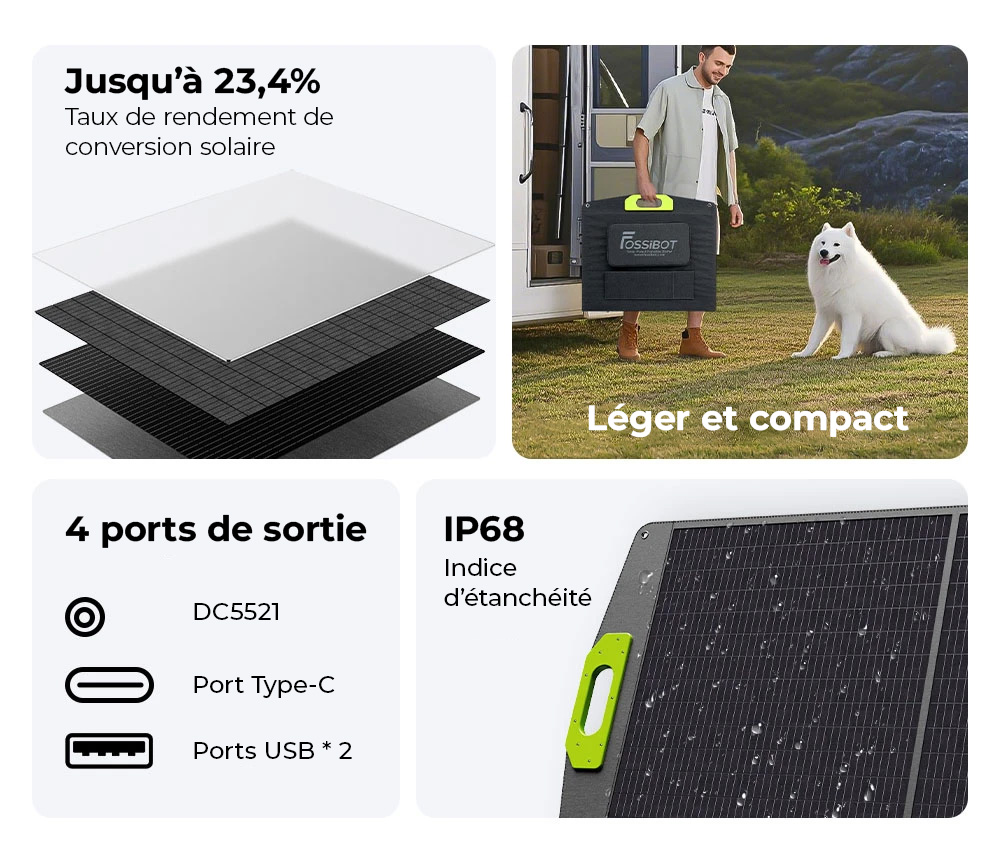 FOSSiBOT SP200 (Nouveau) 200W Panneau solaire pliable, Rendement cellulaire élevé 23,4%, Revêtement ETFE, Supports réglables pour maison, camping-car, camping, panne - Vert