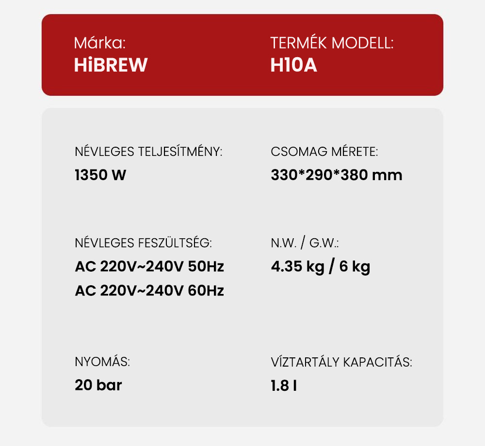 HiBREW H10A félautomata eszpresszó kávéfőző, 19 bar nyomás, tejhabosító, állítható hőmérséklet, 58 mm-es kávéadagoló, 350 ml-es kancsó, csészemelegítő, hideg/forró kávéfőző