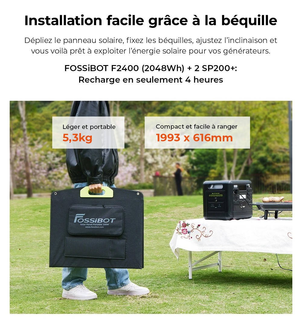 FOSSiBOT SP200 (Nouveau) 200W Panneau solaire pliable, Rendement cellulaire élevé 23,4%, Revêtement ETFE, Supports réglables pour maison, camping-car, camping, panne - Vert