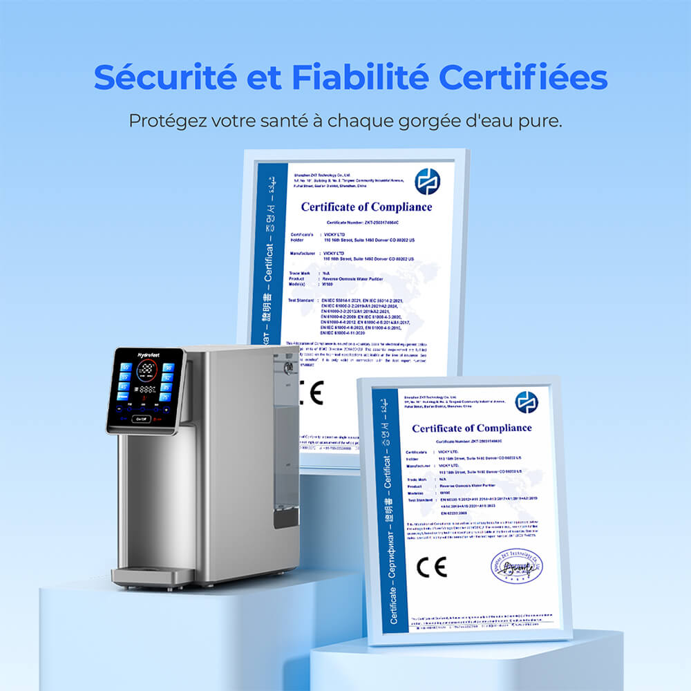 Hydrofast W100 Purificateur d'eau de comptoir avec eau chaude et eau ambiante, 8 températures, eau chaude en 3 secondes, filtration par osmose inverse à 6 niveaux, volume d'eau à 15 niveaux, pour cuisine, bureau, chambre