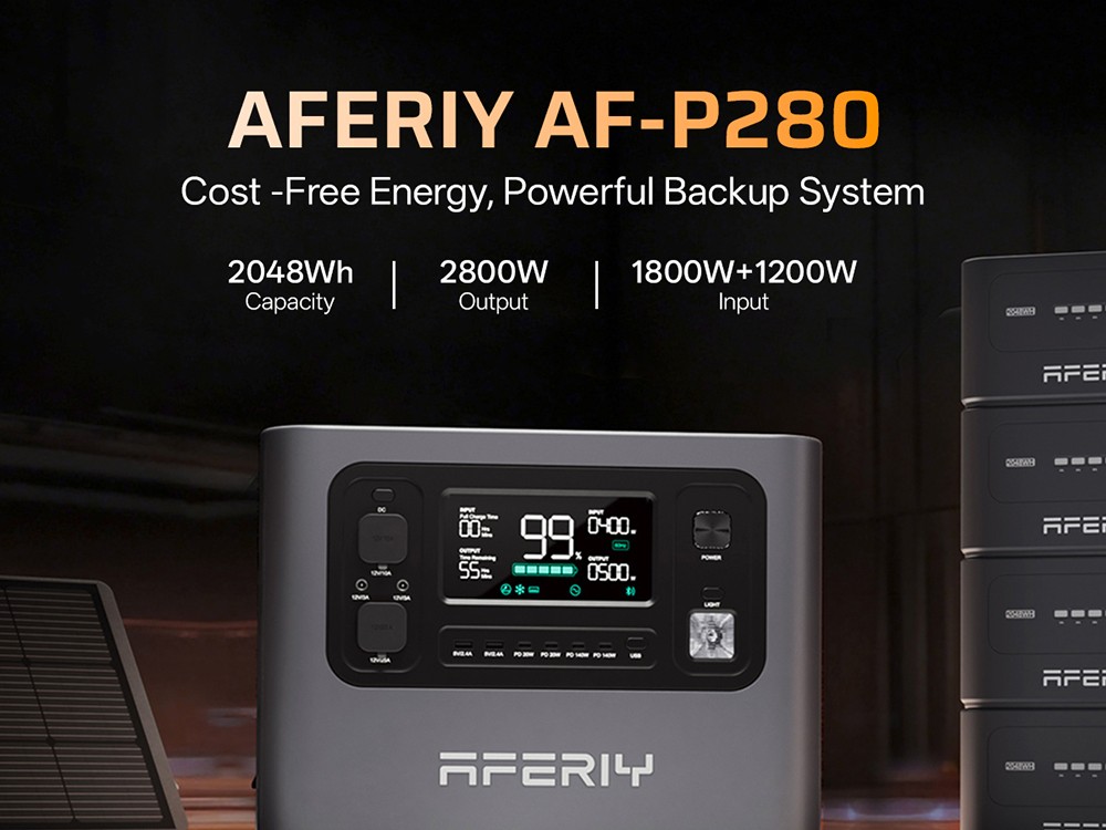 AFERIY P280 Portable Power Station, 2800W AC Output, 2048Wh LiFePO4 Battery, Expandable Capacity, 15 Outputs, Fast AC/Solar Recharge, Smart App Control & 10ms UPS Backup