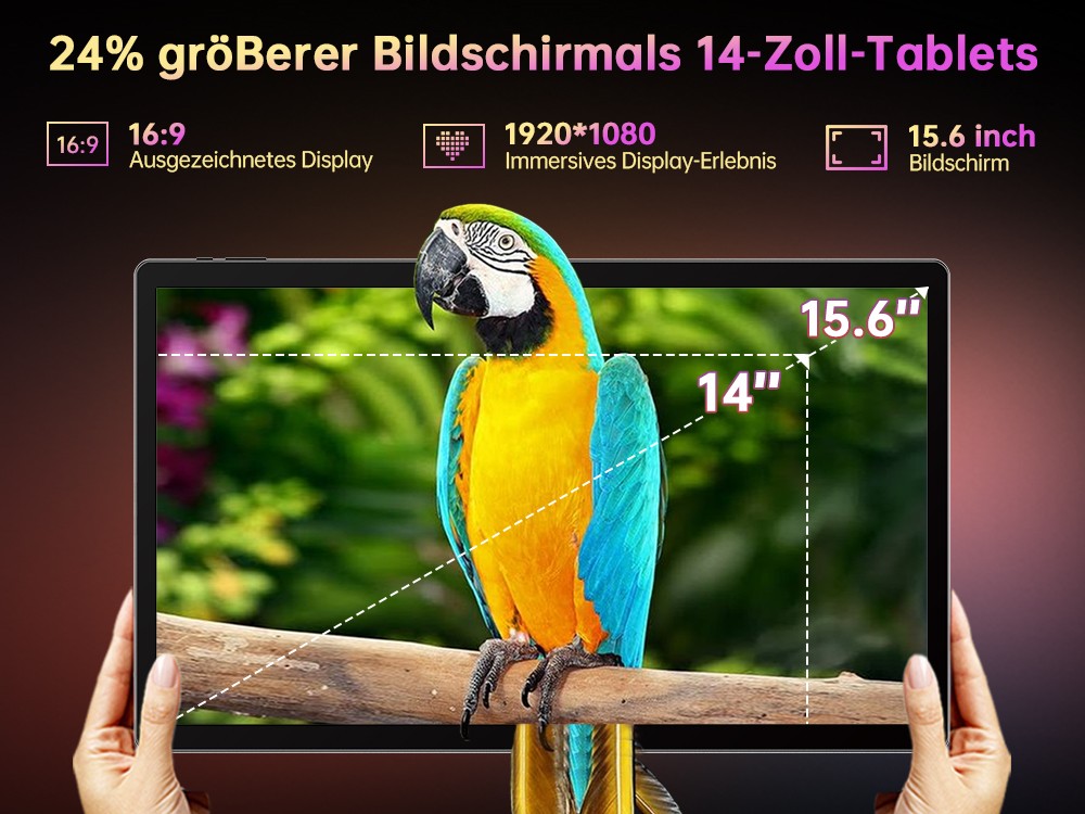 MESWAO B3 Pro Tablet, 15,6 Zoll 1920*1080 IPS Bildschirm, MTK Helio G99 8 Kerne, 8GB RAM 256GB ROM, Android 14, WiFi 5 Bluetooth 5.0, 12000mAh Akku, 32MP+5MP Kamera, 4* Lautsprecher - EU Stecker, Schwarz