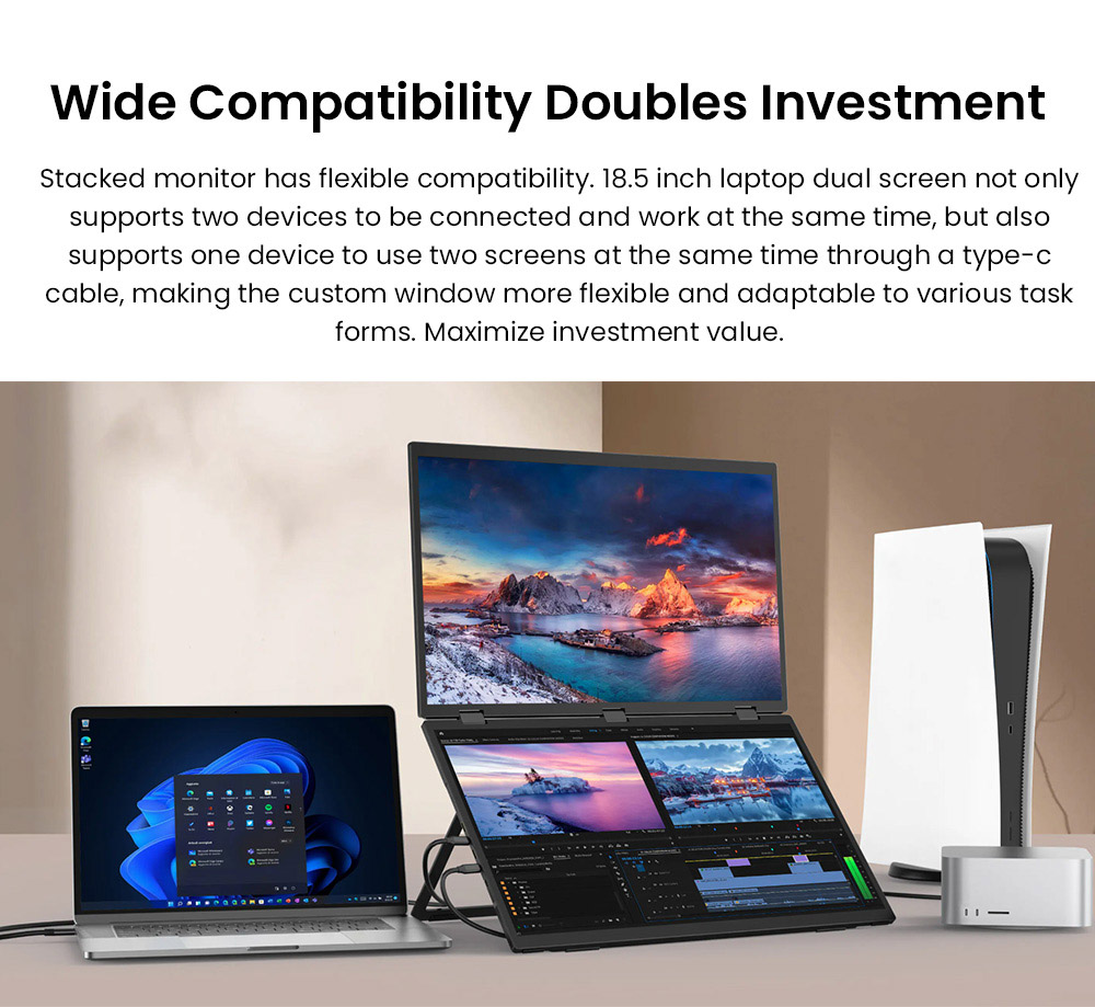 UPERFECT Delta Max Touch Dual Screen Portable Monitor, 18.5 inch 1920*1080 100Hz IPS Touchscreen, 178° Viewing Angle, Built-in Speakers, 2*Full-Featured Type-C, 1*USB, 1*mini HDMI - US Plug