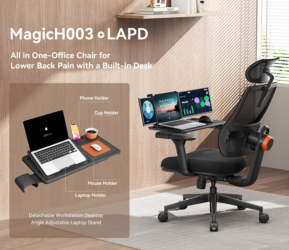 NEWTRAL MAGICH003 ergonomikus szék levehető munkaállomás asztallappal (továbbfejlesztett), automatikusan követő háttámla, adaptív alsó háttámla, állítható fejtámla ülésmélység, 3D kartámasz, 3 pozíció rögzítése