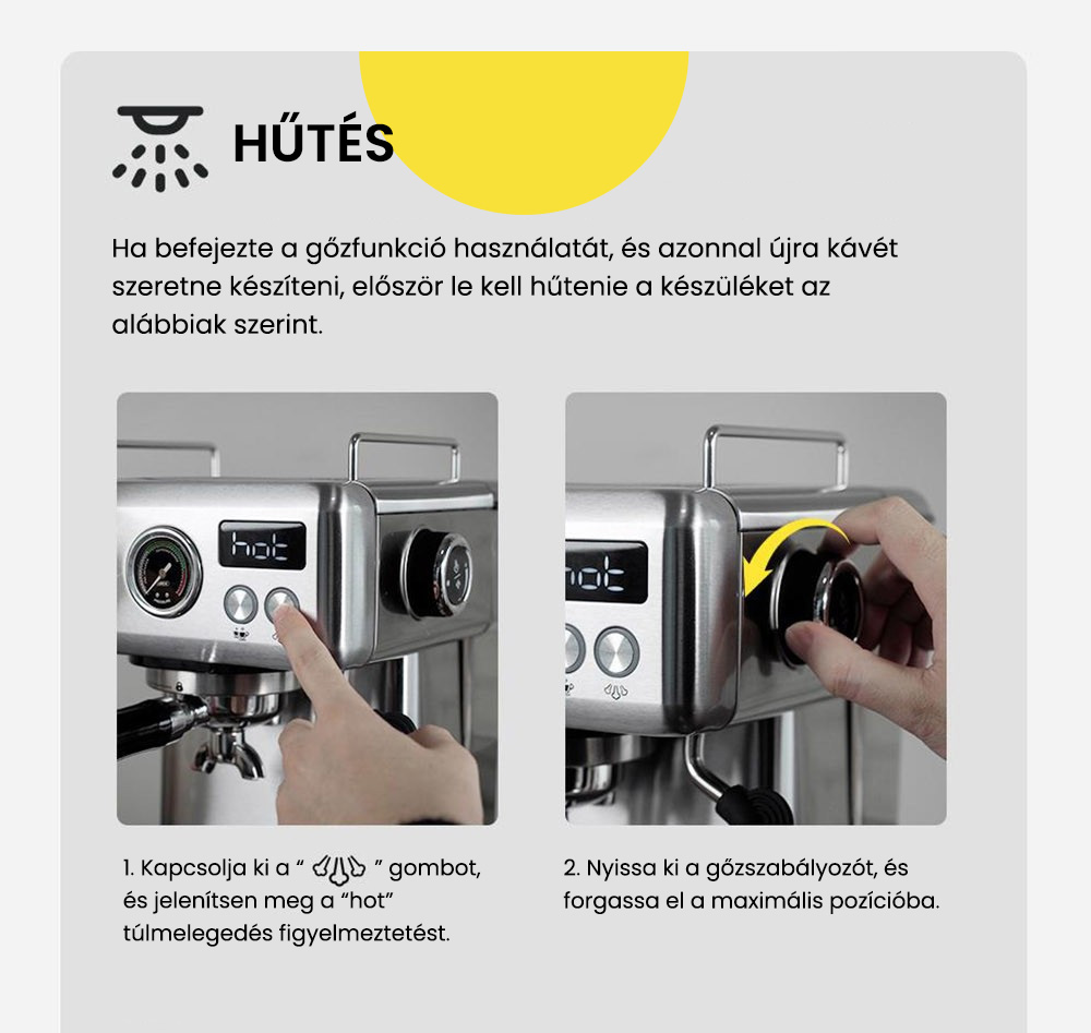 HiBREW H10A félautomata eszpresszó kávéfőző, 19 bar nyomás, tejhabosító, állítható hőmérséklet, 58 mm-es kávéadagoló, 350 ml-es kancsó, csészemelegítő, hideg/forró kávéfőző