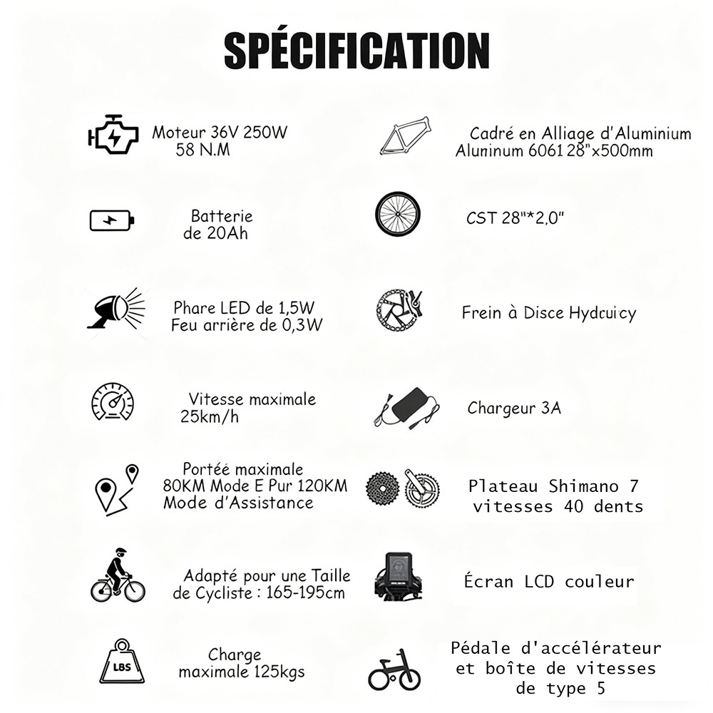TTGO C3 Pro Vélo électrique, moteur 250W, batterie 36V 20Ah, pneus de 28 pouces, vitesse maximale de 25 km/h, autonomie maximale de 120 km, frein à disque hydraulique, fourche à suspension, capteur de couple, Shimano 7 vitesses, écran LCD - Blanc