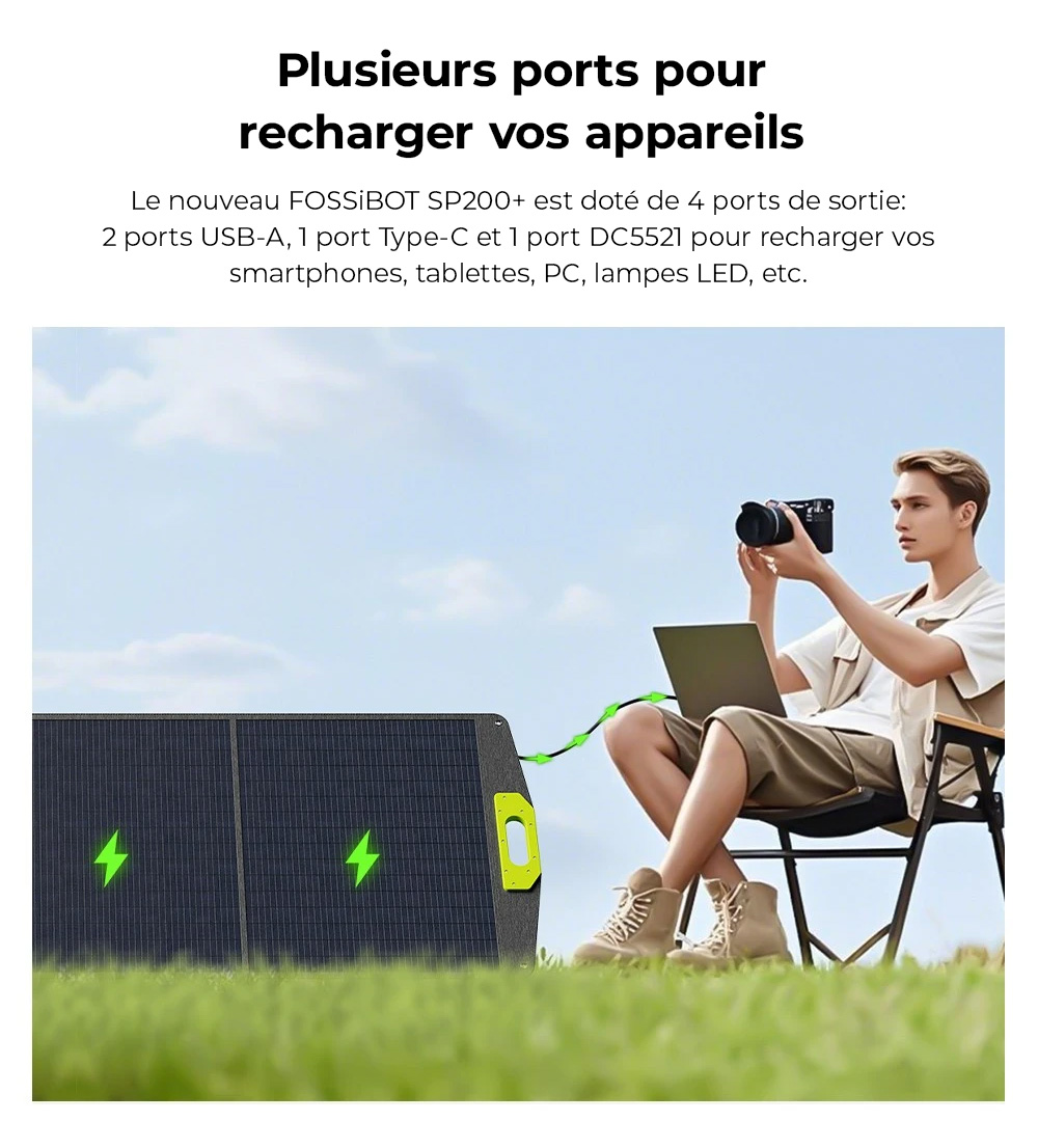 FOSSiBOT SP200 (Nouveau) 200W Panneau solaire pliable, Rendement cellulaire élevé 23,4%, Revêtement ETFE, Supports réglables pour maison, camping-car, camping, panne - Vert