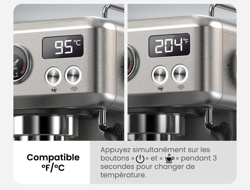 Machine à café expresso semi-automatique HiBREW H10A, pression de 19 bars, mousseur à lait, température réglable, presse à café de 58 mm, pichet de 350 ml, chauffe-tasse, cafetière froide/chaude