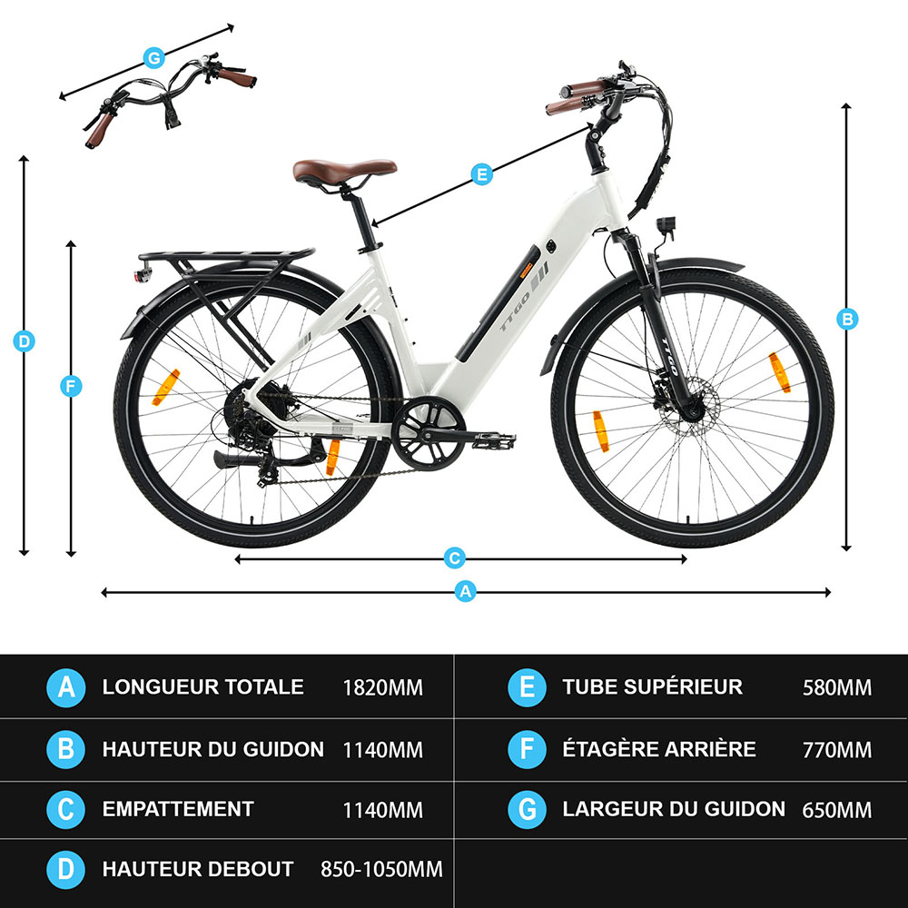 TTGO C3 Pro Vélo électrique, moteur 250W, batterie 36V 20Ah, pneus de 28 pouces, vitesse maximale de 25 km/h, autonomie maximale de 120 km, frein à disque hydraulique, fourche à suspension, capteur de couple, Shimano 7 vitesses, écran LCD - Blanc