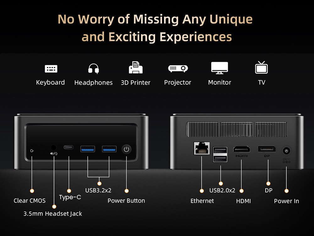 BMAX B5 A Pro Mini PC, AMD Ryzen 7 5825U 8 magos, max. 4,5 GHz, 16 GB RAM, 512 GB SSD, DP+HDMI+C típusú 4K háromszoros kijelző, dinamikus HDR támogatás, WiFi 5, Bluetooth 5.0, 2*USB 3.2, 2*USB 2.0, 1*RJ45, 1*3,5 mm-es fejhallgató-csatlakozó, Space Capsule hűtőrendszer - EU csatlakozó